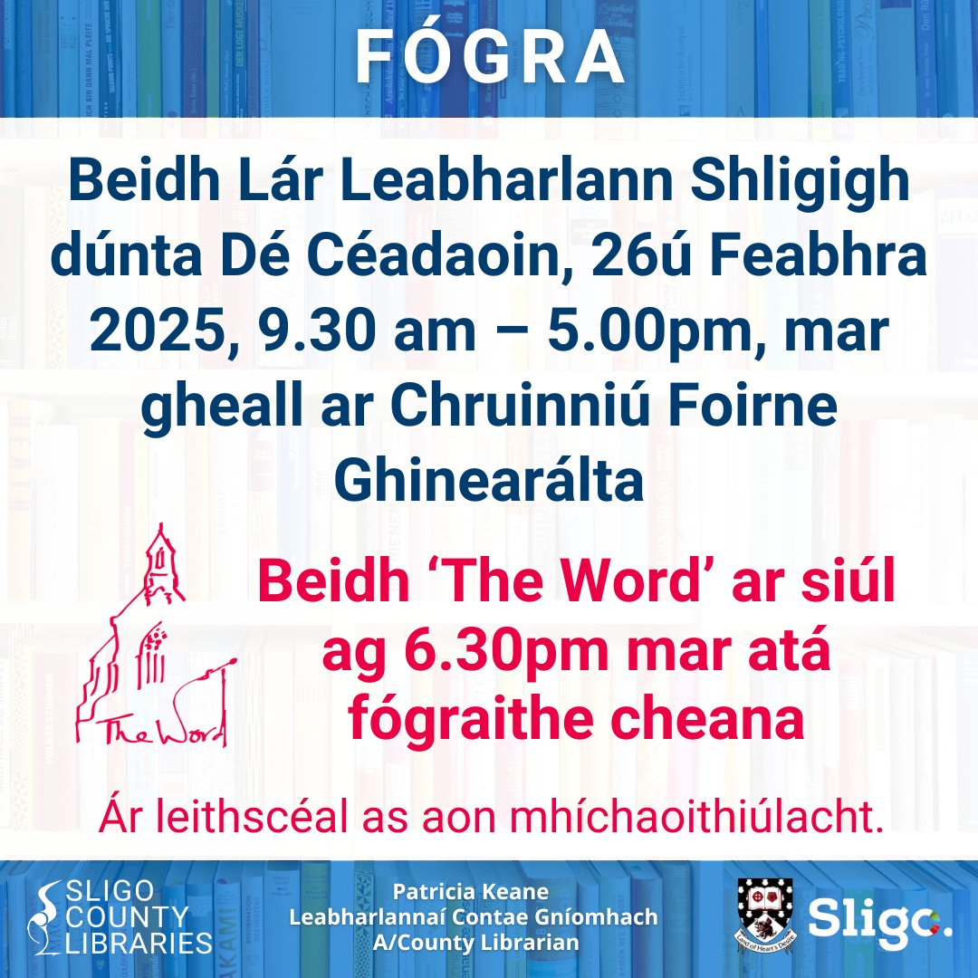 Sligo Libraries (@sligolib) on Twitter photo ๐ก๐ข๐ง๐๐๐
Sligo Central Library will be closed from 9.30am - 5.00pm on Wednesday, 26th February 2025 due to a General Staff Meeting.
๐ช๐ฒ ๐๐ถ๐น๐น ๐๐๐ถ๐น๐น ๐ฏ๐ฒ ๐ฝ๐ฟ๐ฒ๐๐ฒ๐ป๐๐ถ๐ป๐ด '๐ง๐ต๐ฒ ๐ช๐ผ๐ฟ๐ฑ' ๐ฎ๐ ๐ฒ.๐ฏ๐ฌ๐ฝ๐บ.
sligolibrary.ie ๐ก๐ข๐ง๐๐๐
Sligo Central Library will be closed from 9.30am - 5.00pm on Wednesday, 26th February 2025 due to a General Staff Meeting.
๐ช๐ฒ ๐๐ถ๐น๐น ๐๐๐ถ๐น๐น ๐ฏ๐ฒ ๐ฝ๐ฟ๐ฒ๐๐ฒ๐ป๐๐ถ๐ป๐ด '๐ง๐ต๐ฒ ๐ช๐ผ๐ฟ๐ฑ' ๐ฎ๐ ๐ฒ.๐ฏ๐ฌ๐ฝ๐บ.
sligolibrary.ie
