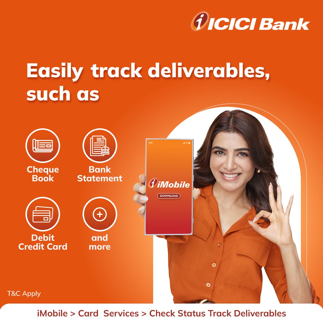 ICICIBank's tweet photo. Wondering when your cheque book or debit card will arrive?
Track your banking essentials anytime, anywhere with the #iMobile app.
Stay updated in just a few taps.
Start now: https://t.co/Y3u2Zga7JP
T&C Apply
#iMobileApp #TrackWithEase #ICICIBank #InAJiffy https://t.co/keeV7buBlI