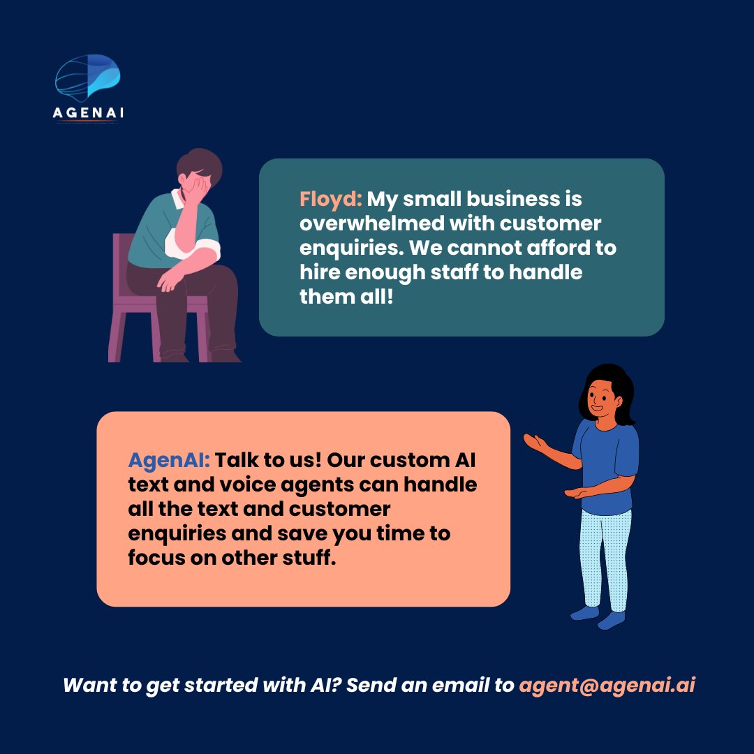 _agen_ai's tweet image. Want to create a custom AI text or call agent? Talk to our team. Send us an email: agent@genai.ai

#AgenAI
#AIforsme
#AIagents
#businessefficiency
#AIautomation