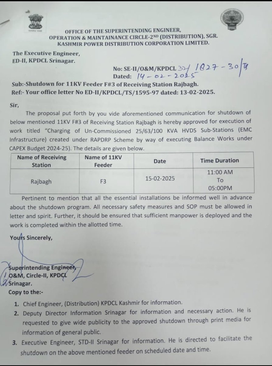 ED-IInd, Rajbagh, Srinagar (KPDCL) (@ediindrajbagh) on Twitter photo Attention
Power supply to areas of Rajbagh and Kursoo Rajbagh shall remain OFF tommorrow from 11AM to 5 PM in view of approved shutdown necessitated for carrying out CAPEX works in the area.
<a href="/diprjk/">Information & PR, J&K</a>
@kpdclofficial
<a href="/cekpdcl/">CHIEF ENGINEER, DISTRIBUTION, KPDCL(PDD)</a>
<a href="/secircleII/">O&M Circle-II, KPDCL, Srinagar</a>
<a href="/dist/">Taneli Kaivola</a> Attention
Power supply to areas of Rajbagh and Kursoo Rajbagh shall remain OFF tommorrow from 11AM to 5 PM in view of approved shutdown necessitated for carrying out CAPEX works in the area.
<a href="/diprjk/">Information & PR, J&K</a>
@kpdclofficial
<a href="/cekpdcl/">CHIEF ENGINEER, DISTRIBUTION, KPDCL(PDD)</a>
<a href="/secircleII/">O&M Circle-II, KPDCL, Srinagar</a>
<a href="/dist/">Taneli Kaivola</a>