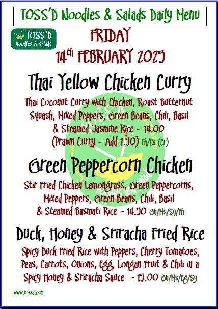 TOSSD's tweet photo. FRIDAY: 14/02/2025
CALL & COLLECT - Call 018291607
.
.
.
#tossd #lunchdublin #noodles #ramen #lunch #chqdublin #lovindublin #restaurants #food #LunchTime #eat #fresh #thaifood #vegetarian #vegan #lunchbreak #lunchspecial #lunchmenu #asianeats #asianfood #thai #dublinfoodie https://t.co/yXlpdKWTWe