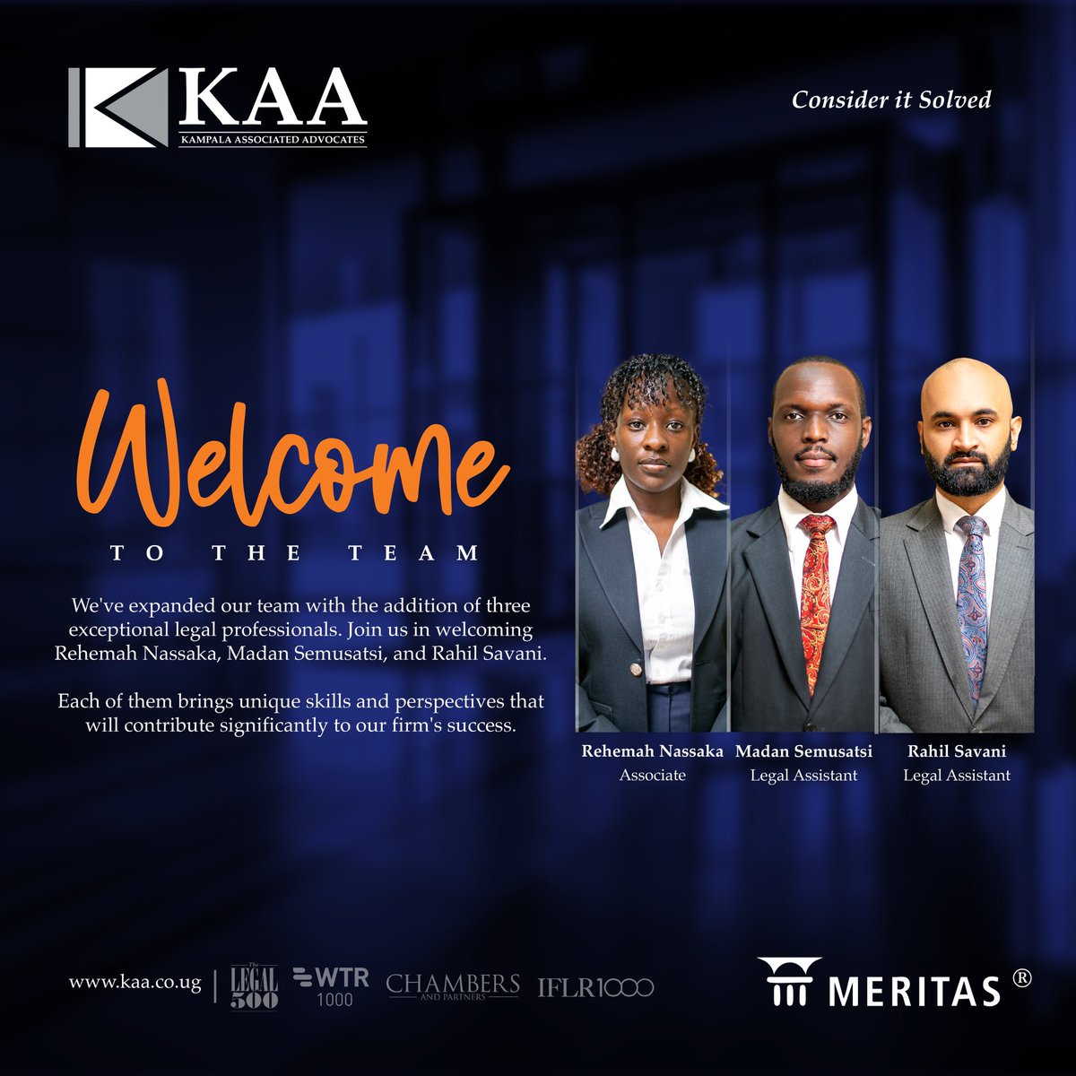 KAA (Kampala Associated Advocates) (@kaadvocates) on Twitter photo TEAM GROWTH: We are thrilled to announce the recent addition and growth of our team. We are happy to have <a href="/Re_mee1/">Purple Snowflake</a> <a href="/rahilsavani1318/">RS 🇺🇬</a> & <a href="/MSemusatsi/">Madan Semusatsi</a> join the team and are confident that they will contribute greatly to our continued success.
We pride ourselves in fostering a TEAM GROWTH: We are thrilled to announce the recent addition and growth of our team. We are happy to have <a href="/Re_mee1/">Purple Snowflake</a> <a href="/rahilsavani1318/">RS 🇺🇬</a> & <a href="/MSemusatsi/">Madan Semusatsi</a> join the team and are confident that they will contribute greatly to our continued success.
We pride ourselves in fostering a