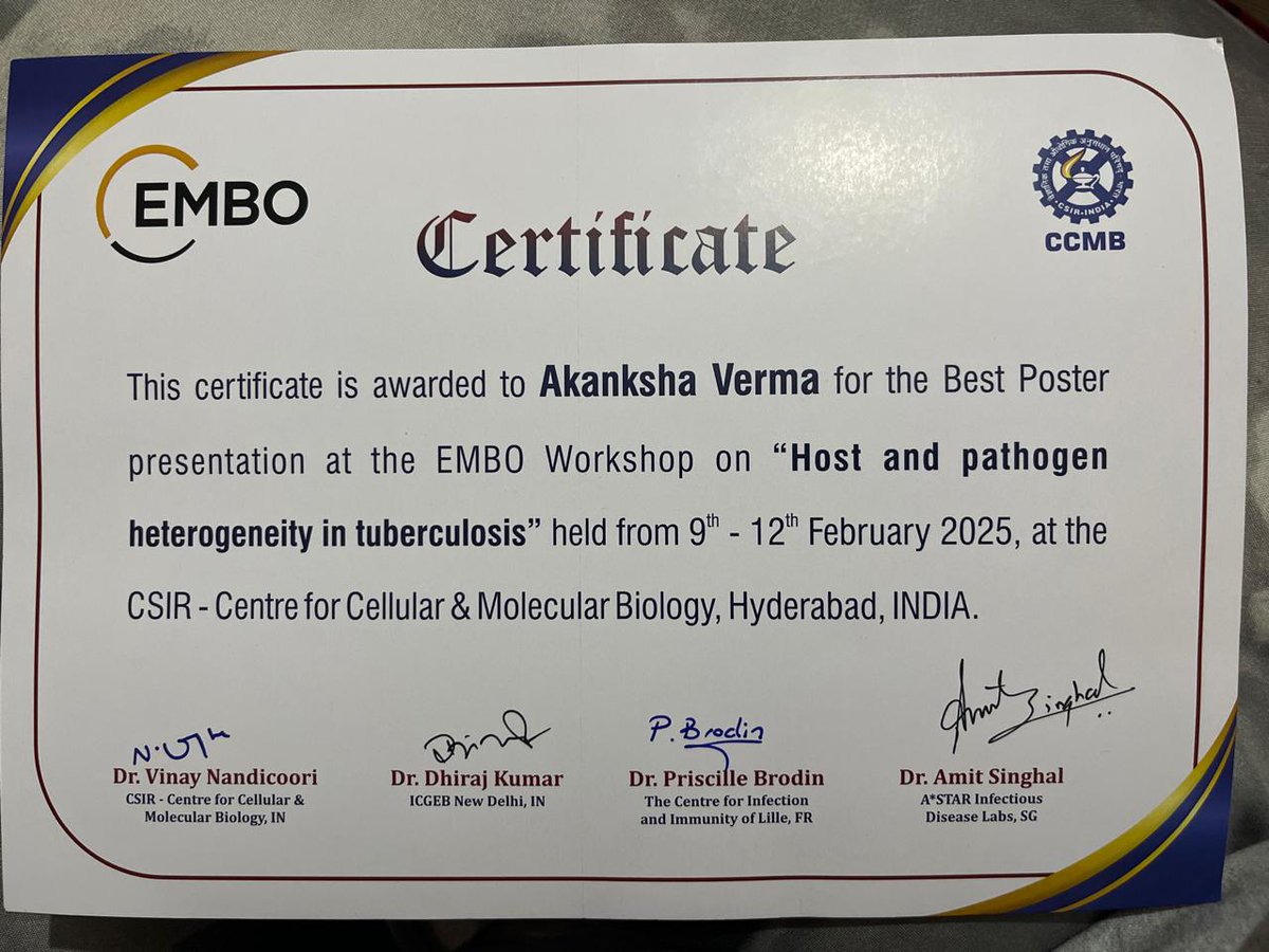 ICGEBNewDelhi's tweet image. Congratulations to Ms. Akanksha Verma, PhD scholar from the Immunobiology Group  @ICGEBNewDelhi , for winning the Best Poster Presentation award at the #EMBO Workshop on &apos;Host and Pathogen Heterogeneity in Tuberculosis&apos;! 🏆
The workshop, held from February 9th-12th, 2025, at…