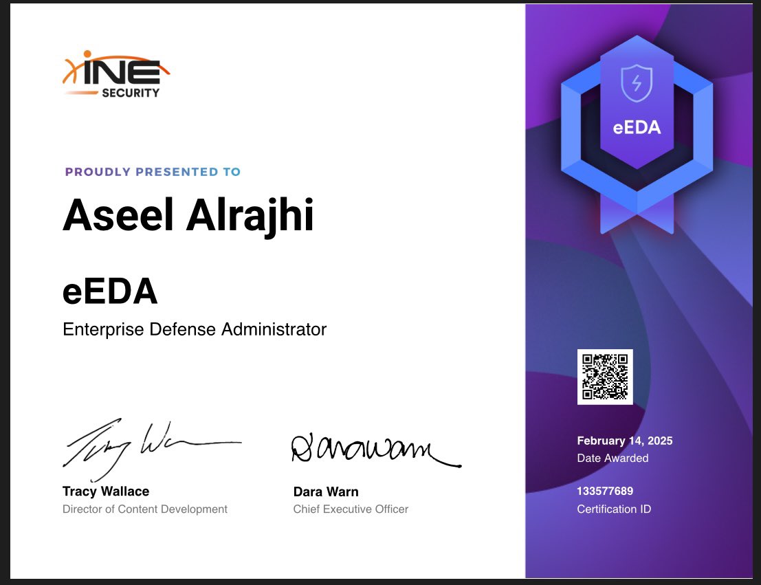 Asell91's tweet image. الحمدلله  
اللهم علمنا ما ينفعنا وانفعنا بما علمتنا🤍
I’m happy to share that I’ve obtained a new certification: (eEDA) Enterprise Defense Administrator from INE!