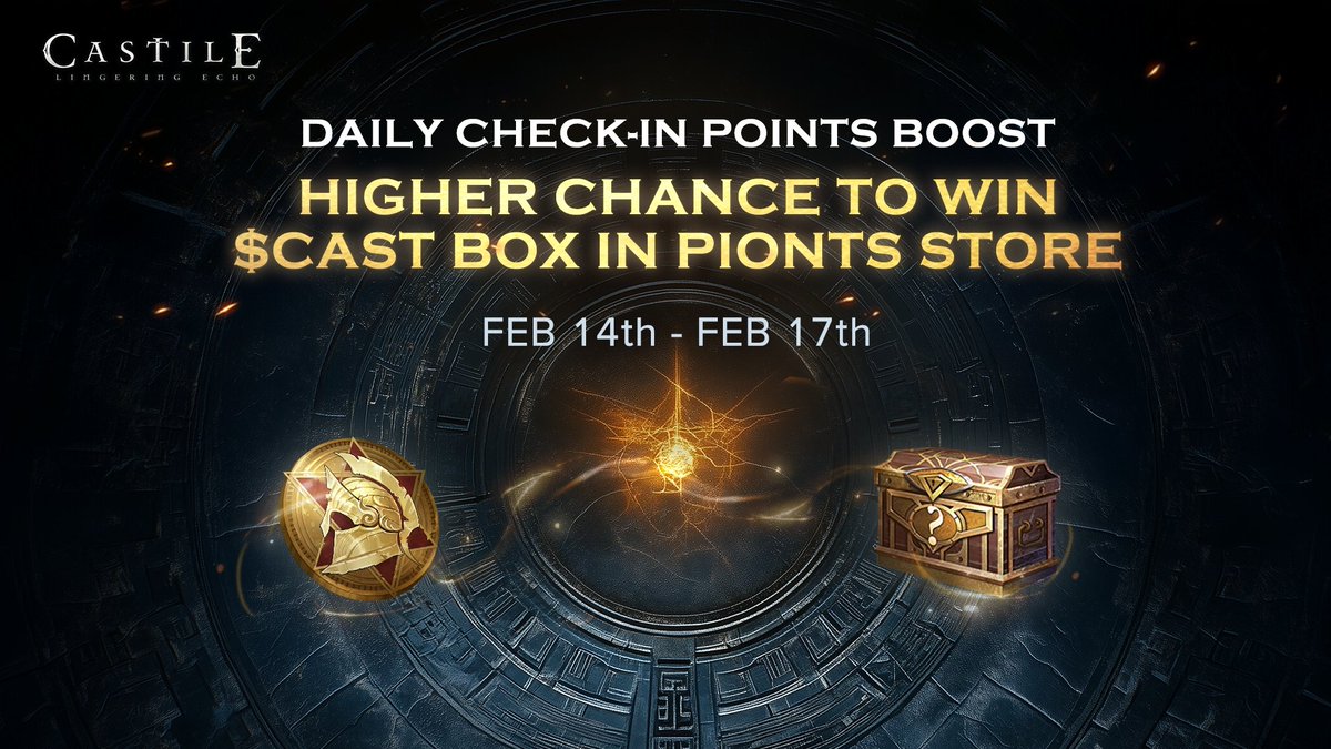 🥳 Hey, Castilers! 3-Day Crazy Points Event is here!

Daily Check-in from Feb 14th to Feb 17th (SGT) to get 1K points each day and a higher chance to win $CAST Box rewards in Points Store! 

Don't miss it out! 👉castile.world/task