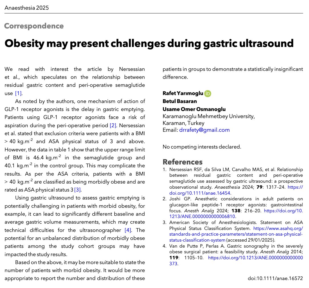 Patients with a BMI &gt; 40 kg.m-2 are classified as being morbidly obese and are rated as ASA physical status 3.

Using gastric ultrasound to assess gastric emptying is potentially challenging in these patients.

#anaesthesia #medicine #endocrine #GLP1

doi.org/10.1111/anae.1…
