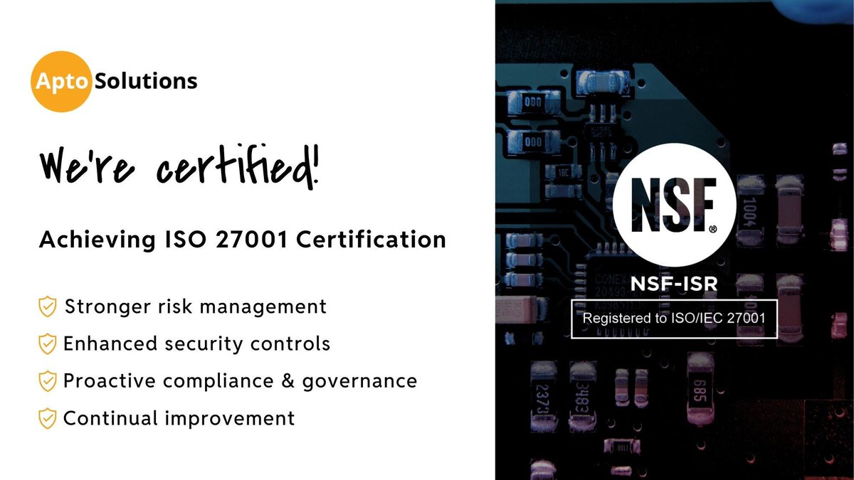 Apto Solutions (@aptosolutionsus) on Twitter photo As security expectations rise, ISO 27001 and SOC-2 are becoming essential for organizations managing IT asset disposition (ITAD) and beyond. With this certification, we continue to lead with trust, discipline, and security-first solutions.
<a href="/NSF/">U.S. National Science Foundation</a> #ITAD #Certified #ISO27001 As security expectations rise, ISO 27001 and SOC-2 are becoming essential for organizations managing IT asset disposition (ITAD) and beyond. With this certification, we continue to lead with trust, discipline, and security-first solutions.
<a href="/NSF/">U.S. National Science Foundation</a> #ITAD #Certified #ISO27001