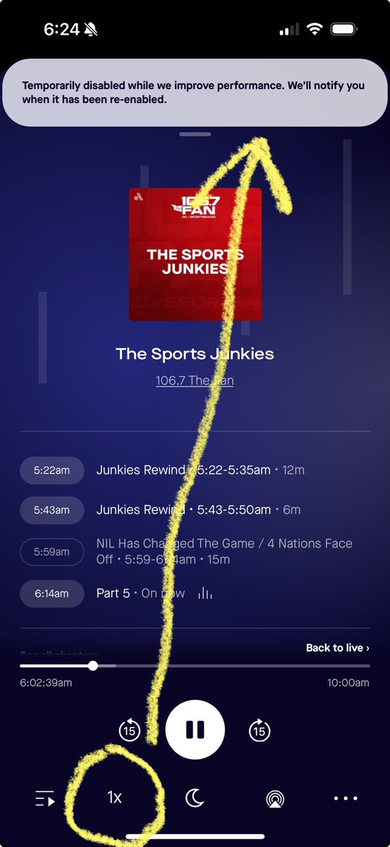 staywithray's tweet photo. Hey @JunksRadio, @drabtshirt, @AudacyCorp can y’all please run this up the flag pole? Been getting this message for the last 3 years in the Audacy app so not exactly “temporary.”Can someone fix it or just remove the feature and quit teasing us? #Needfor2xSpeed #audacy https://t.co/Np2tR6u1Lq