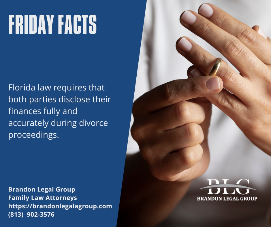 BrandonLegal's tweet photo. FRIDAY FACTS 

Florida law requires that both parties disclose their finances fully and accurately during divorce proceedings. 

Brandon Legal Group 
Family Law Attorneys 
https://t.co/CNz8wzm8cW 
(813) 902-3576 https://t.co/9VR2eFzrSM
