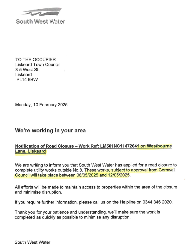 Road closure on Westbourne Lane #liskeard in May.