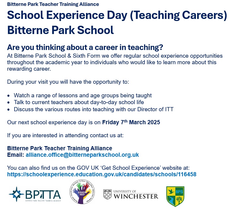 Thinking about a career in teaching? Join us for a secondary school experience day on 7 March 2025 to find out more about our school-led PGCE programme in partnership with Winchester University. More info at: schoolexperience.education.gov.uk/candidates/sch… #southampton #pgce <a href="/getintoteaching/">Teaching</a> <a href="/UOW_IoE/">Institute of Education @ University of Winchester</a>