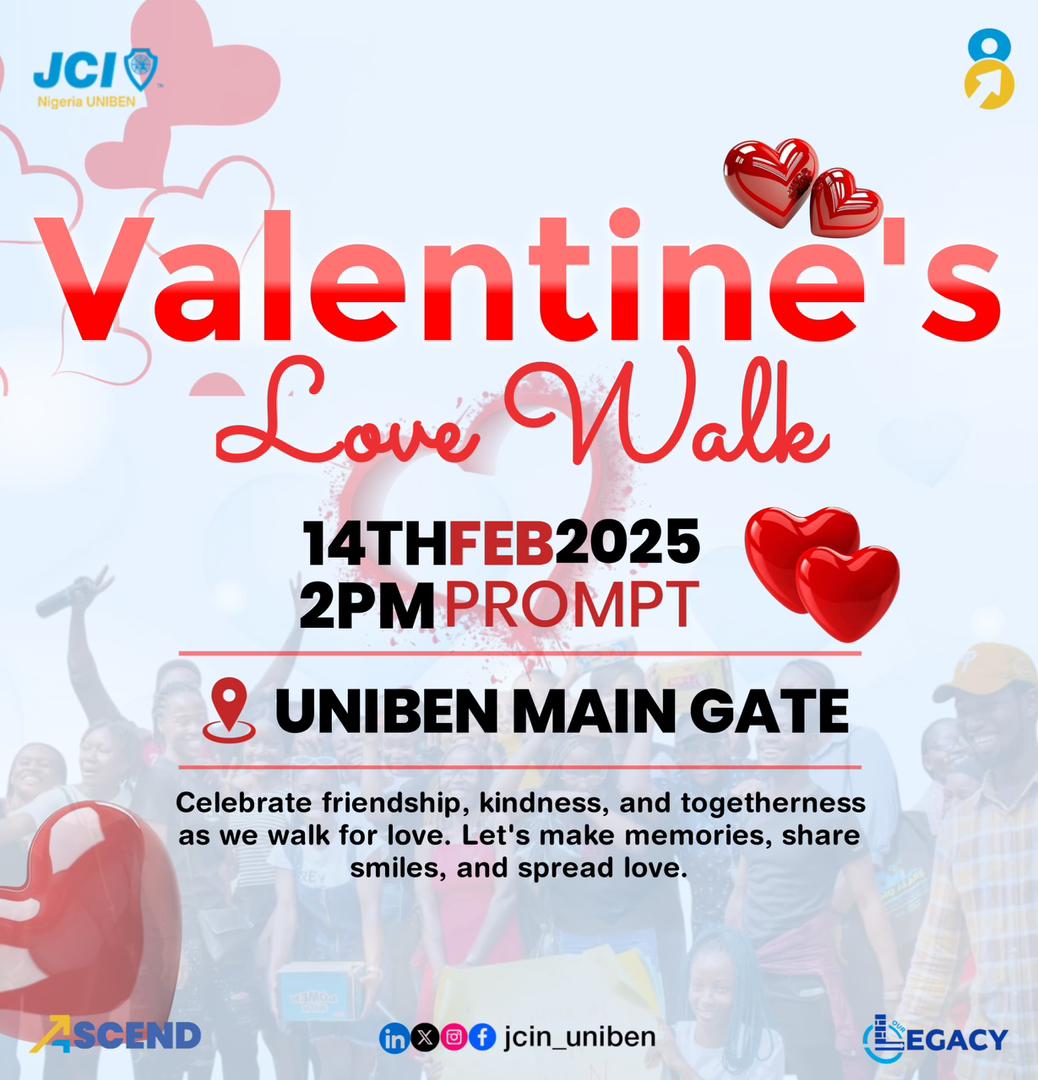 jci_uniben's tweet photo. JCIN UNIBEN Valentine’s Day Love Walk! ❤️

Join us as we hit the streets spreading love with sweets, chocolates, hugs &amp; kind words!

📍 Green Park (Main Gate)
🕑 2PM, Feb 14

Wear your JCIN merch &amp; bring chocolates to share! 🍫✨

#LoveWalk 
#ValentinesDay
#OURLEGACY
#JCINUNIBEN https://t.co/uRezc8Vjiq