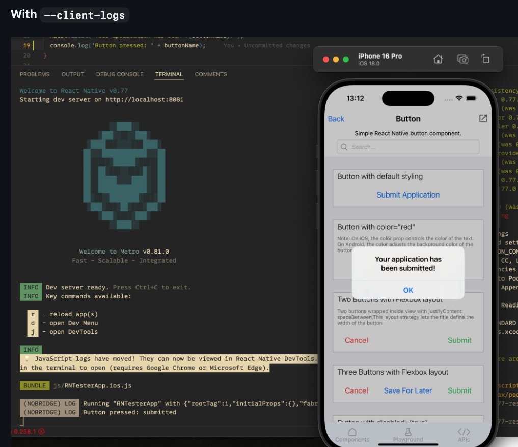 sebastienlorber's tweet image. React Native 0.77.1 - Logs are back 🥳
(but opt-in, and temporarily)
npx \@react-native-community/cli start --client-logs
> We will clean up this functionality again when we eventually remove JS log streaming over HMRClient, tasked in T214991636.