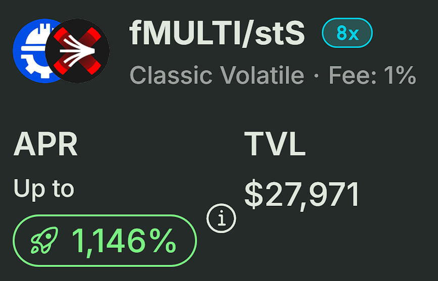 FMultichain's tweet photo. A huge APR awaits! Stake FMULTI/stS on
@SwapXfi
and earn 1146% APR plus 8x $S points
#APR #wS #fMulti #Staking https://t.co/ptfWb3bWIm