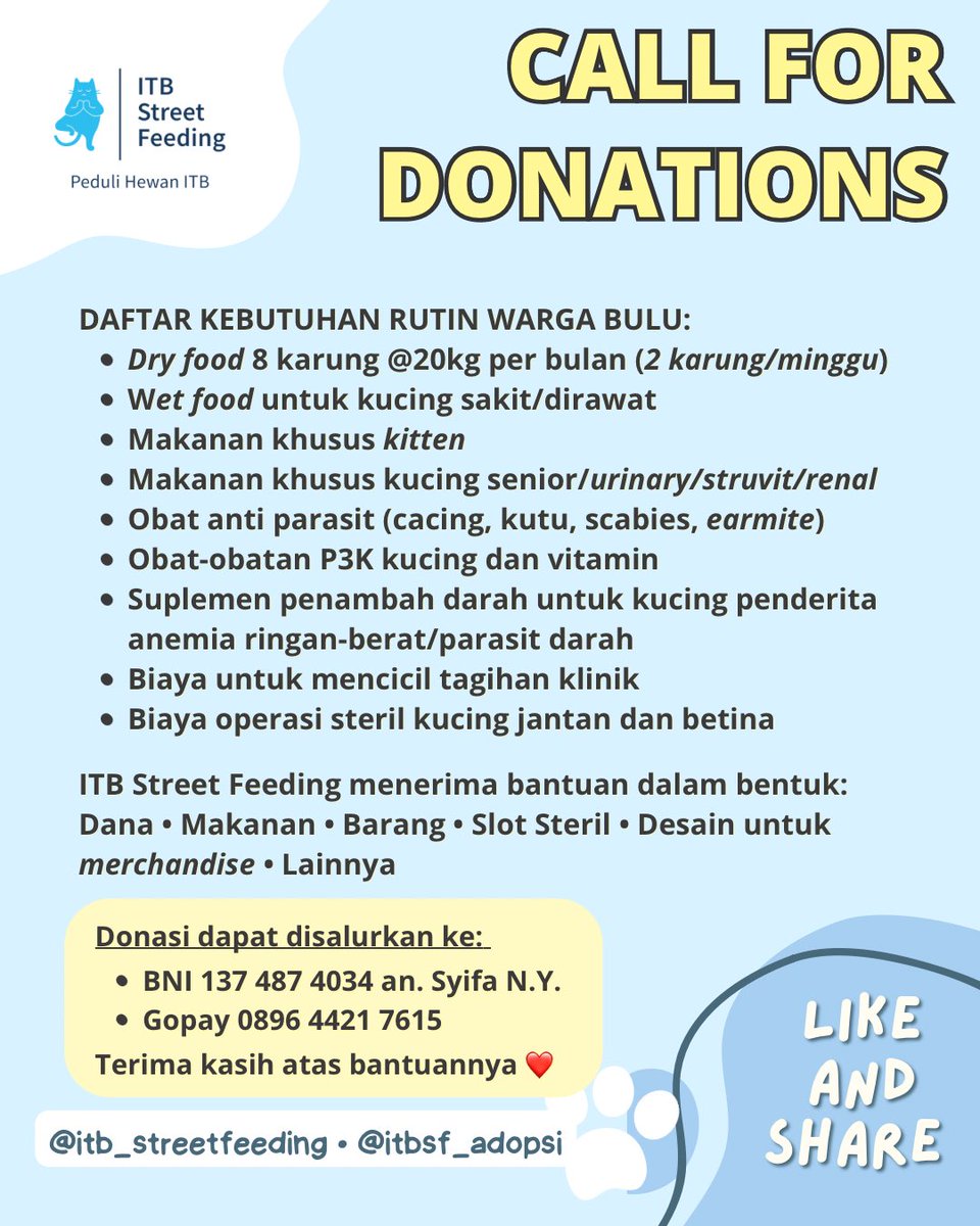 ITBSF's tweet photo. Dear Kakak2 kesayangan semua: mhn bantuannya Kak 🥹🙏🏻
Stok makanan sdh sangat tipis, hanya sampai 16 Feb.
Segala bntuk bantuan sgt dinantikan 🙏🏻
Terima kasih 3000x Kak ❤️
Plis support & share🫶🏻
#callfordonations #opendonation #opdon #itbstreetfeeding #inharmoniapurrogressio https://t.co/9RbHehpwMt