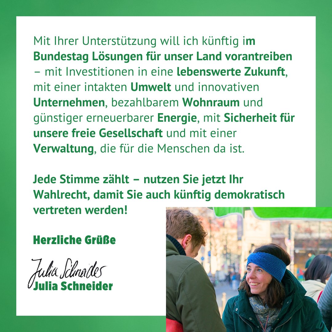 🚨 AfD-Direktmandat in Pankow verhindern! 🚨

Am 23. Februar entscheidet sich, wer Pankow im Bundestag vertritt – Grüne oder AfD. Die Wahl ist knapp, jede Stimme zählt!

💚 Erststimme für Julia Schneider – für Klimaschutz, soziale Sicherheit &amp; Demokratie!

#PankowWähltGRÜN