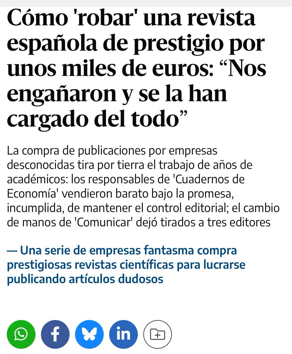 La prensa se sigue haciendo eco del escándalo de la venta de revistas (algunas públicas) a empresas con oscuros intereses que destapamos hace a más de un año. En esta pieza se le da voz a uno de los “estafados” buff.ly/42Zy1aP