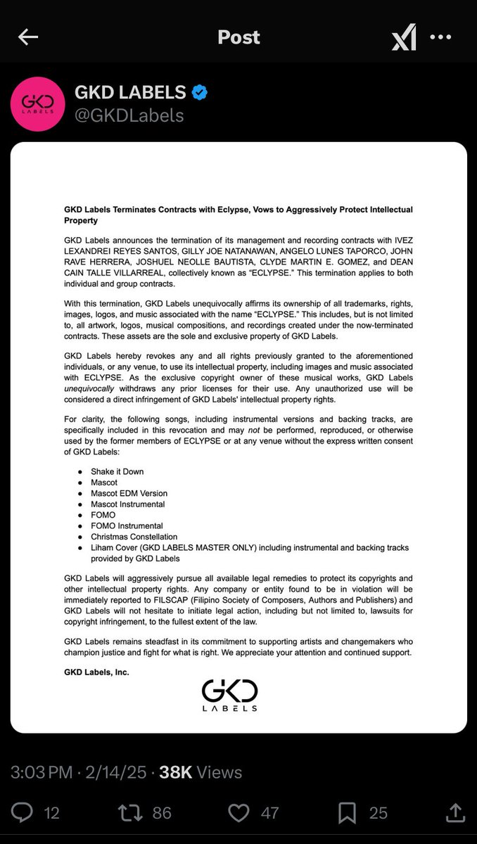 moon7ightsofc's tweet photo. for the context:

Lex, Gilly, Dean, Joshuel, Clyde, Angelo and Rave (formerly known as ECLYPSE) are no longer affiliated with GKD Labels as of today.

This is the statement of GKD Labels (on the left) and our Boys (on the right) https://t.co/tG0J8hi0UI