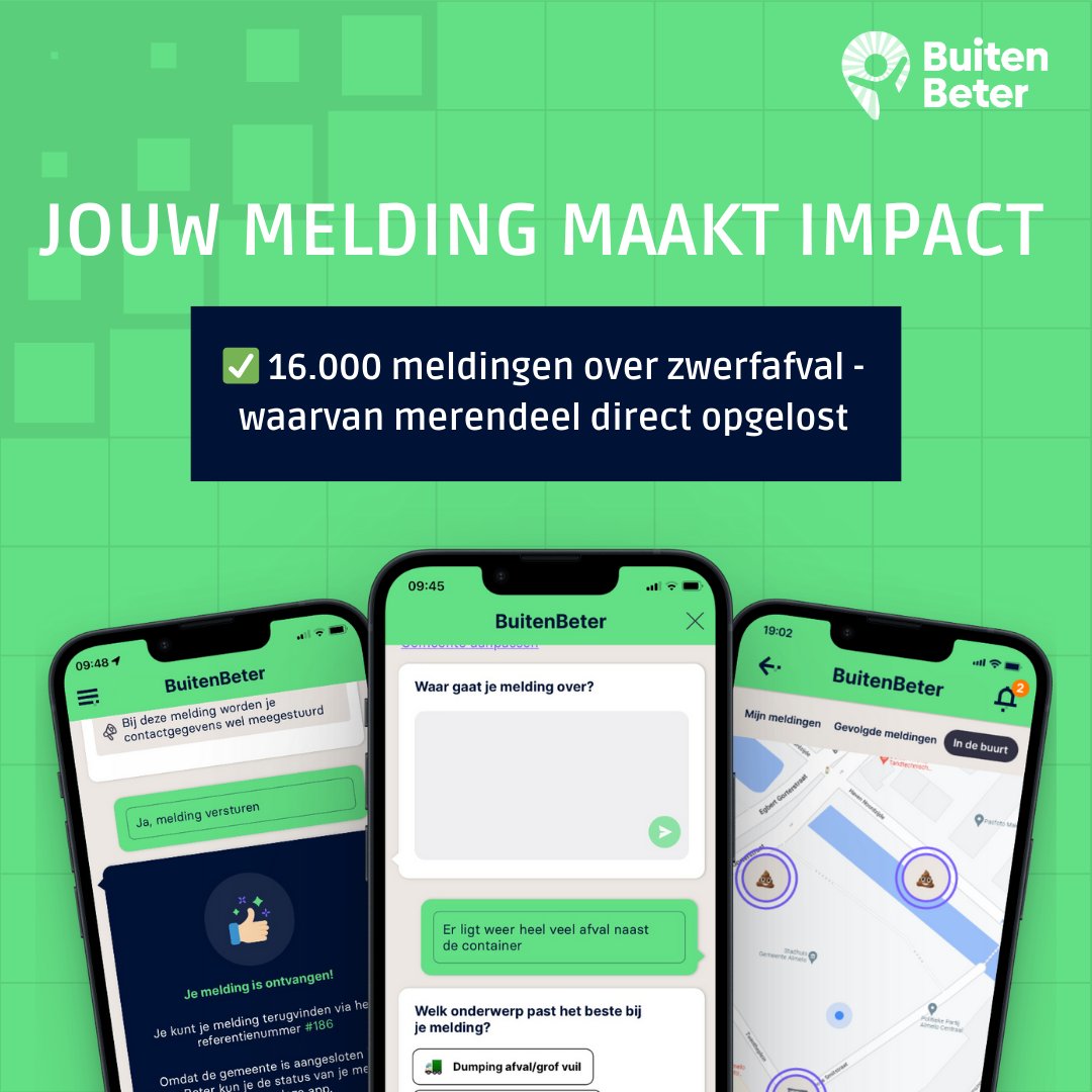 In de afgelopen 3 maanden zorgden gemeenten met onze software voor snelle oplossingen: 16.000 zwerfafval meldingen, waarvan het merendeel direct werd opgelost voor een schonere buurt ✅ Zie jij ook straatafval in jouw buurt? Meld het via BuitenBeter, jouw melding maakt impact!