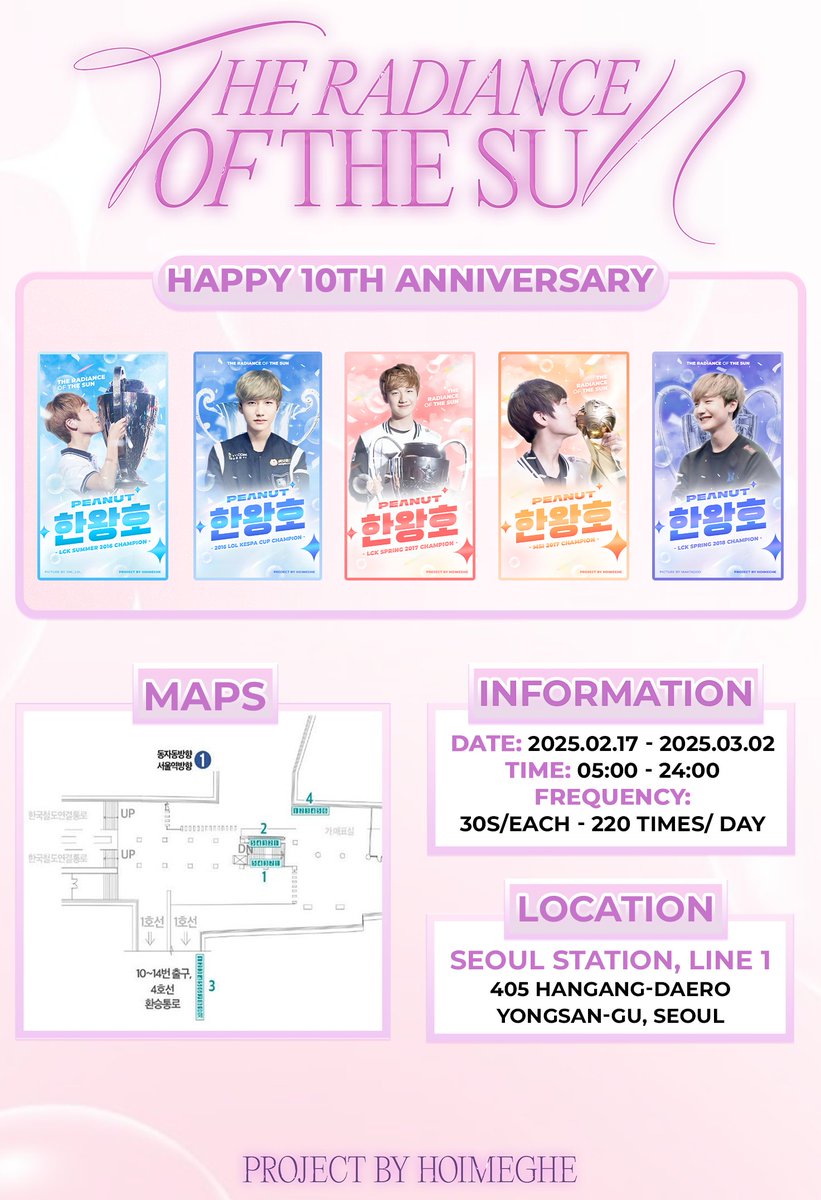 hoimeghe's tweet photo. PEANUT 10TH DEBUT ANNIVERSARY
 
 𝑻𝑯𝑬 𝑹𝑨𝑫𝑰𝑨𝑵𝑪𝑬 𝑶𝑭 𝑻𝑯𝑬 𝑺𝑼𝑵
 
Date: 2025.02.17 - 2025.03.02
Time: 05:00 - 24:00
Frequency: 30s/each - 220 times/day
Location: Seoul Station, Line 1 - 405 Hangang-daero, Yongsan-gu, Seoul
 
Ten years feel like a long dream, we just want you to know you're never alone on this journey.

Part 3: The fruit of labor (1)

ROX TIGERS – LCK SUMMER 2016 – 20/08/2016
In 2016 LCK Summer Season, Peanut made his second appearance in a LCK final after dominating the group stage with ROX Tigers, achieving a 15-3 win-loss record. After a tense 5-game series, ROX Tigers secured a nail-biting victory to claim the LCK title and went to Worlds 2016 as LCK’s 1st seed. LCK Summer 2016 title marked Peanut's first major achievement.

ROX TIGERS – KESPA CUP 2016 – 19/11/2016
Returning from Worlds, Peanut and his teammates participated in the KeSPA Cup for the first time, organized by the Korea e-Sports Association (KeSPA). The synergy between ROX Tigers players led them straight to the finals. Despite losing the first game, the team rebounded strongly, winning the next three games to secure their first KeSPA Cup title, concluding a memorable season for the Tigers.

SK TELECOM T1 – LCK SPRING 2017 – 22/04/2017
Finishing the group stage with a dominant 16-2 win-loss record, Peanut and SK Telecom T1 qualified for the LCK Spring 2017 finals. With top-tier performance, SK Telecom T1 claimed the championship title in a spectacular three-game series and became LCK’s representative for 2017 Mid-Season Invitational. 

MID-SEASON INVITATIONAL 2017 – 22/05/2017
While making his MSI debut, Peanut remained undaunted against formidable junglers from other regions. His signature carry pick left an indelible impression on international fans, especially his insane performance whenever he played The Blind Monk - Lee Sin. SK Telecom T1 won MSI 2017 with a 3-1 victory in the final held in Rio de Janeiro, Brazil, marking Peanut’s first international title.

KINGZONE DRAGON X – LCK SPRING 2018 – 14/04/2018
In LCK Spring 2018 finals, after the loss in the first game Kingzone DragonX dominated the remaining three games, proving their 16-2 win-loss record in the group stage was no fluke. They secured the championship and earned the LCK's spot at the 2018 Mid-Season Invitational. The 2018 LCK Spring finals marked Peanut's fifth consecutive appearance in a LCK final.

#피넛_10년간의_여정 
#Peanut_10th_anniversary 
#Peanut_TheRadianceOfTheSun