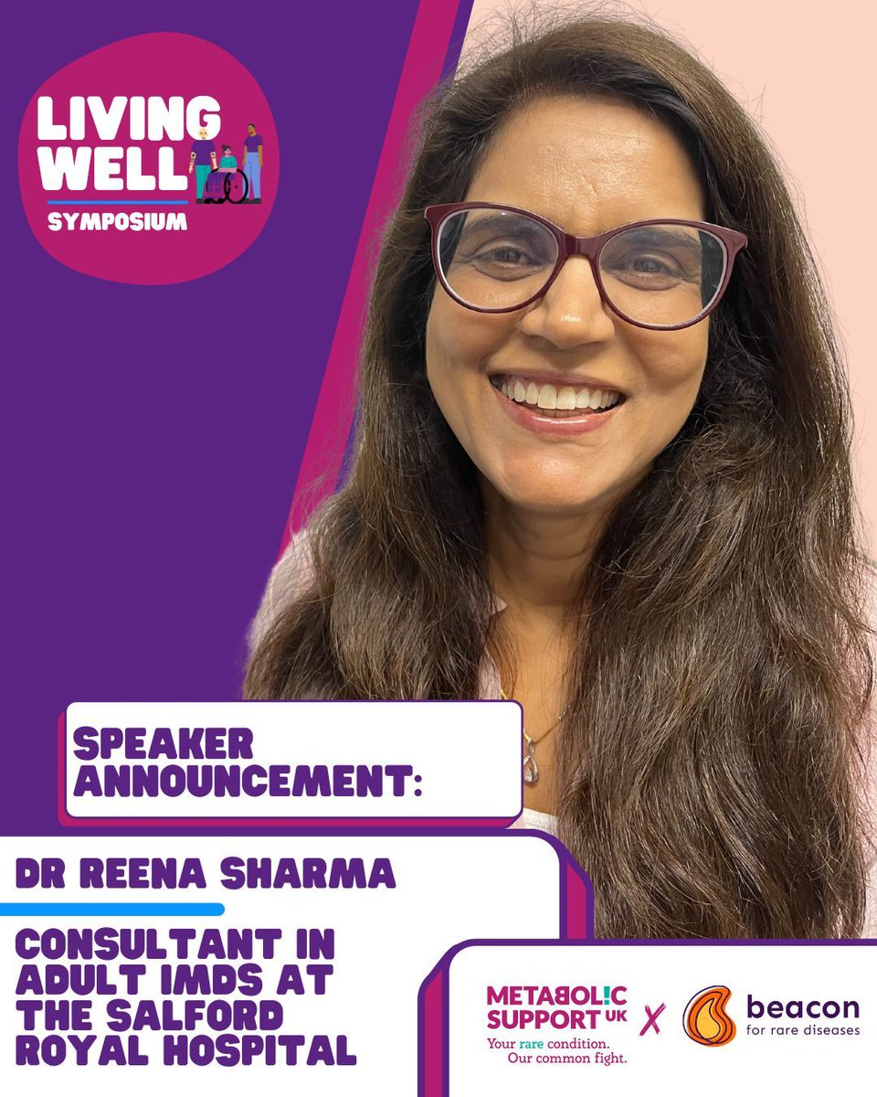 MetabSupport's tweet photo. Dr Reena Sharma, Adult Metabolic Consultant and MSUK Trustee, is speaking at 'Active Advocates' at our Living Well Symposium on Friday 7th March.

👉 Be part of the Living Well Movement. Book your Symposium tickets today: https://t.co/APIPr6m4Nx

#LivingWell #RareDiseases #IMDs https://t.co/TiELAp73if