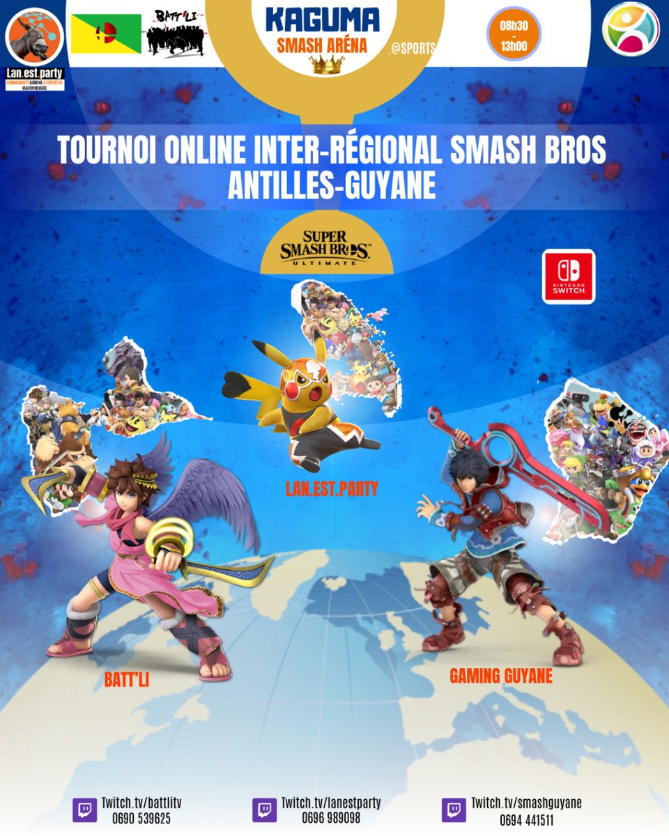 AssoBattli's tweet image. 🚨KAGUMA SMASH ARENA🚨

Lan Est Party, Smash Guyane et BATT'LI vous présente son Tournois Antilles-Guyane !!

⚔️ | 6 joueurs/Régions
📅 | Dimanche 23 Février (8h30 - 13h)
📍 | ONLINE
🌎 | 🔴🟡🟢 / 🇲🇶 / 🇬🇫
🔴 | 3 stream
🎥 | Rediffusion sur: BattliTv, lanestparty, SmashGuyaneVOD
