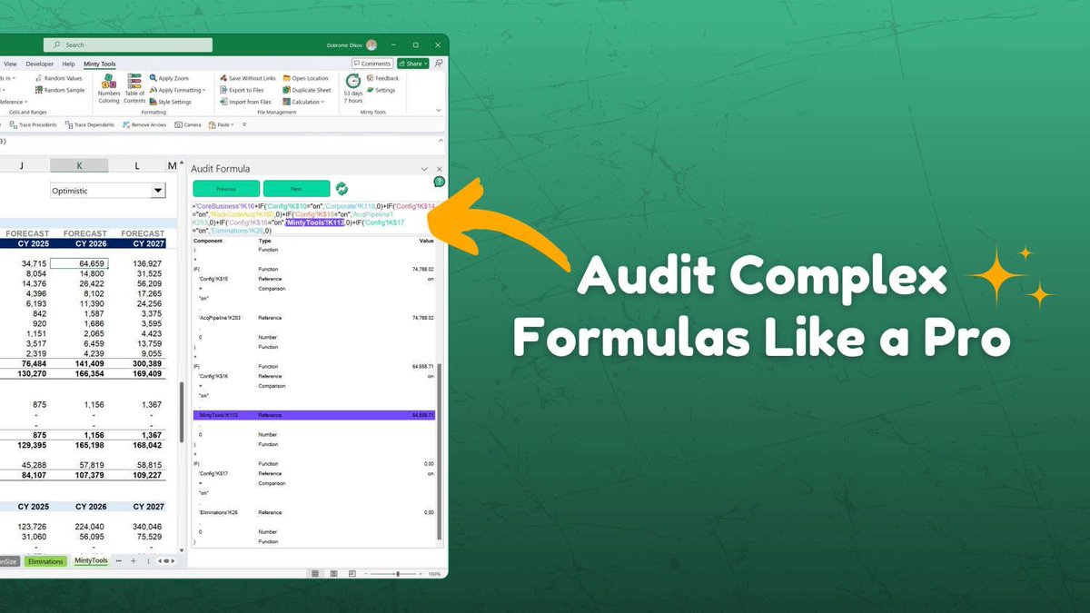 mintyanalyst's tweet photo. 💡 My add-in Minty Tools for Excel has this great Audit Formula feature that gives a step-by-step visual of your calculations. It’s been super helpful for debugging and model reviews. Check it out! 🚀🔍 #ExcelMastery
🍃Check it out here: https://t.co/XGn2Yr9YQf https://t.co/G4w7Xln3gc