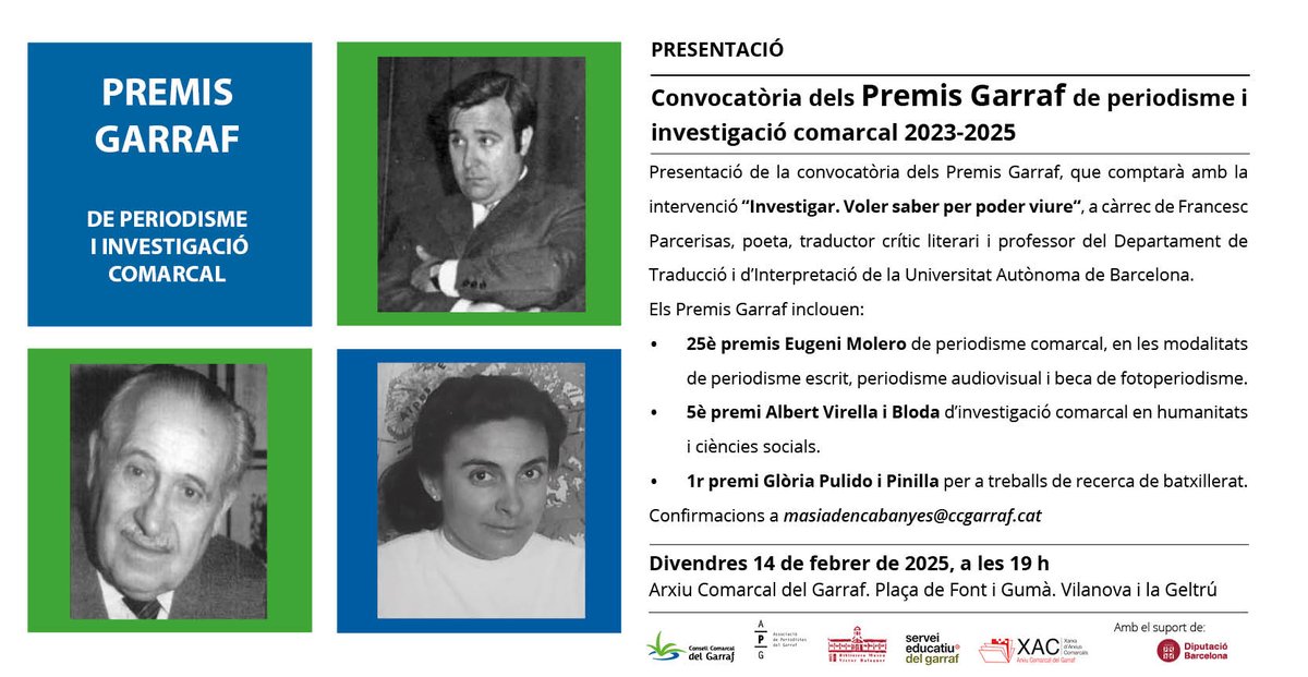 Periodistes_APG's tweet photo. 📌 El @CCGarraf presenta la convocatòria dels Premis Garraf de periodisme i investigació comarcal

🗓️ Avui divendres 14 de febrer a les 19 h

📍 A l’Arxiu Comarcal del Garraf https://t.co/lXyZqMe3Dz