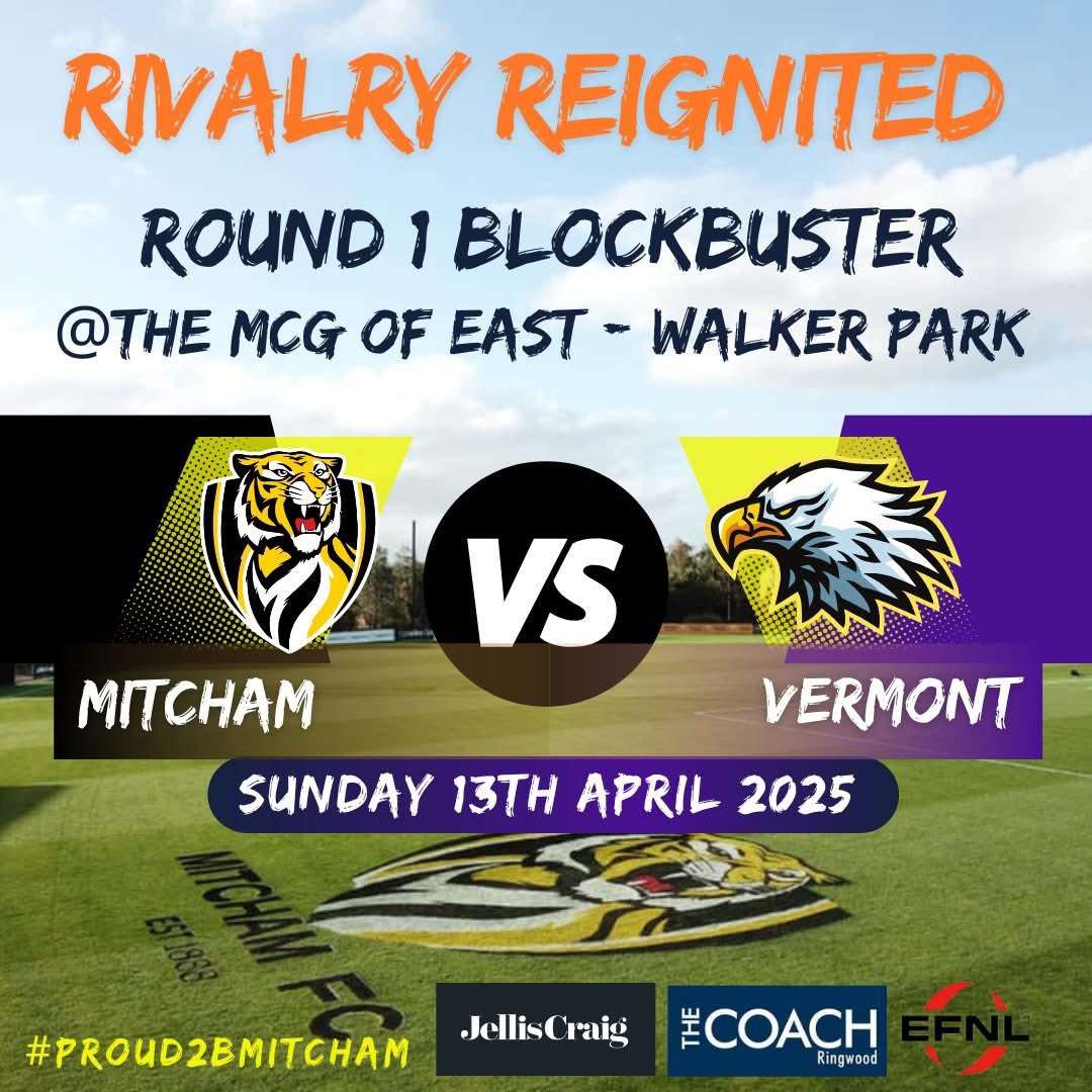 MitchamFC's tweet photo. Mark  those calendars! The battle of Rooks Road @MitchamFC 🐯 v @VermontFC 🦅 When two local rivals re-unite in the opening round of the season Sunday 13th April 2025 - With NO @AFL @VFL or JUNIORS  in town that weekend , its the EFNL'S version of gather round in the burbs. https://t.co/DahmqAyqon