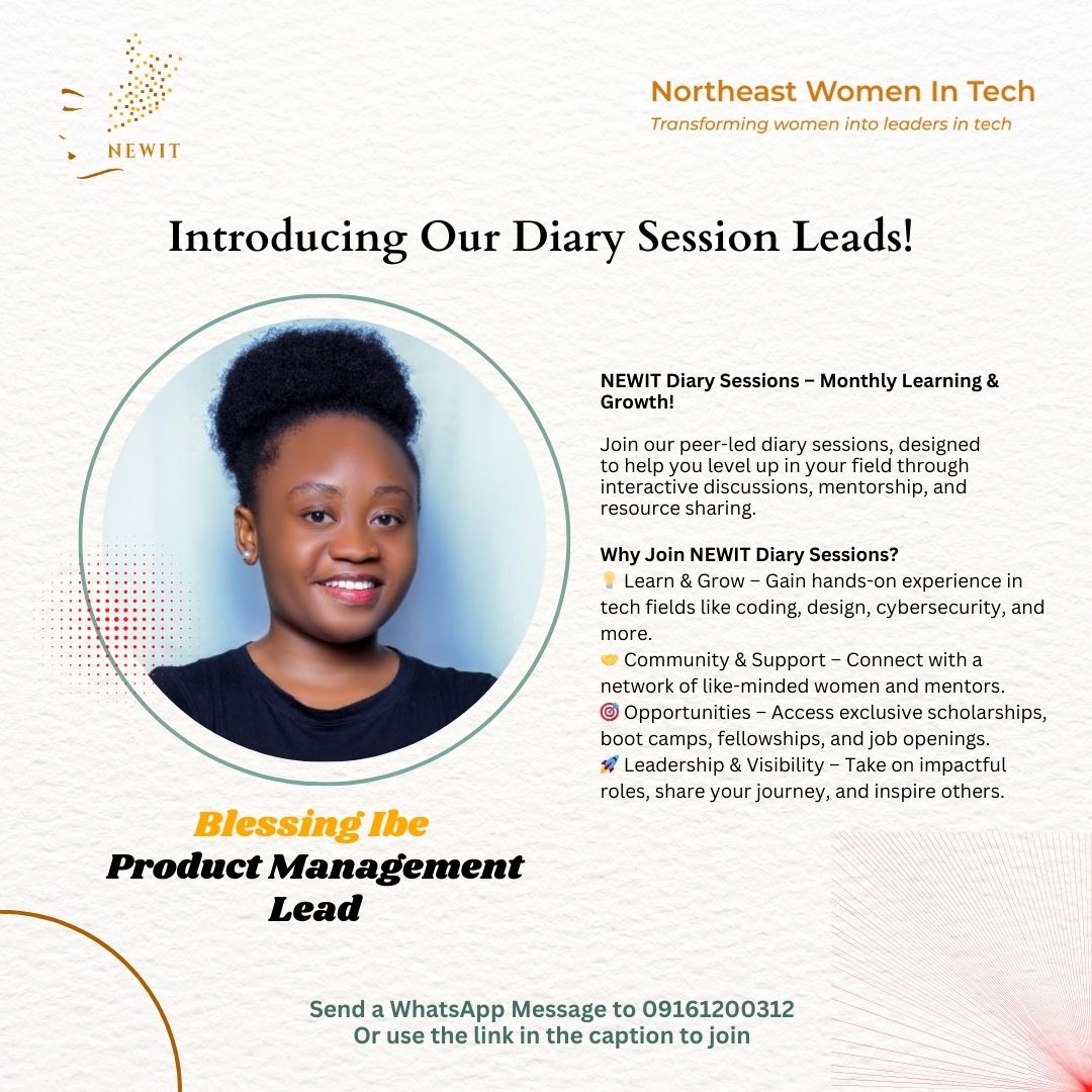 newomenintech's tweet photo. Meet the amazing @Blessing leading the Product Management session, guiding discussions, sharing insights, and helping you navigate your tech journey.
Join the session: https://t.co/7D5JBGNLS1 #NEWIT
#WomenInTech #TechForWomen #DiarySessions #LearnWithNEWIT #EmpowerWomen https://t.co/cyS5v3ay86