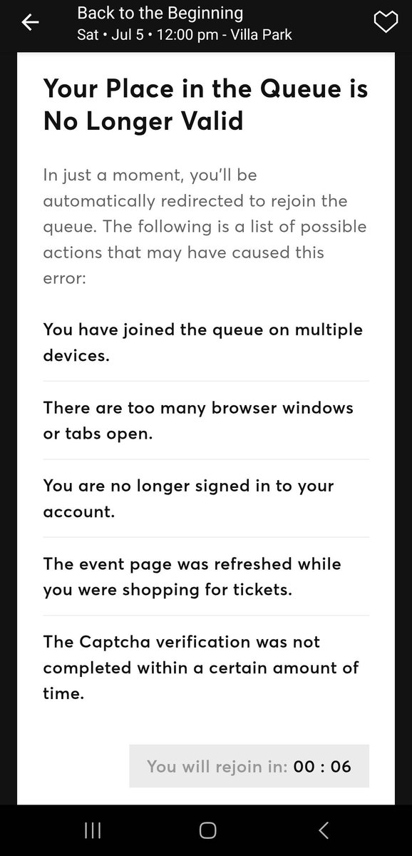 J_Rod_33's tweet photo. Absolute shambles yet again from @TicketmasterUK . Wait in the queue then when turn to select tickets get presented with being told my place is no longer valid and kicked back to the start. @TicketmasterCS https://t.co/l9YN2CEKnW