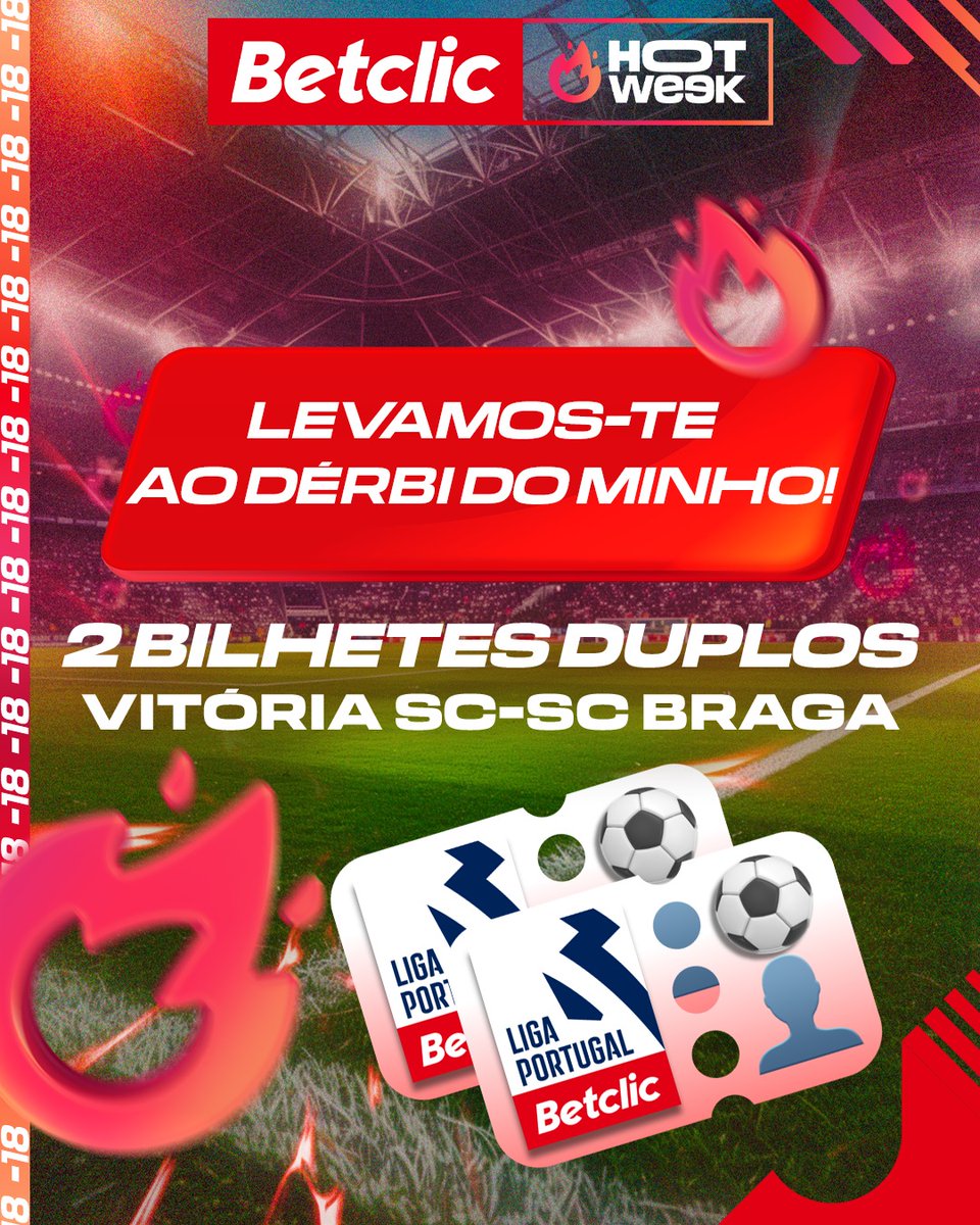 ⚽❤ Neste Dia dos Namorados temos uma sugestão para date: VITÓRIA SC- SC BRAGA!

-Segue a <a href="/BetclicPortugal/">Betclic Portugal 🔞</a> e <a href="/CabineSport/">Cabine Desportiva</a>
-RT + Like
-Comenta #DérbiBetclic + Identifica a pessoa que levas contigo

Comenta várias vezes mas com pessoas diferentes.
Vencedores anunciados amanhã.