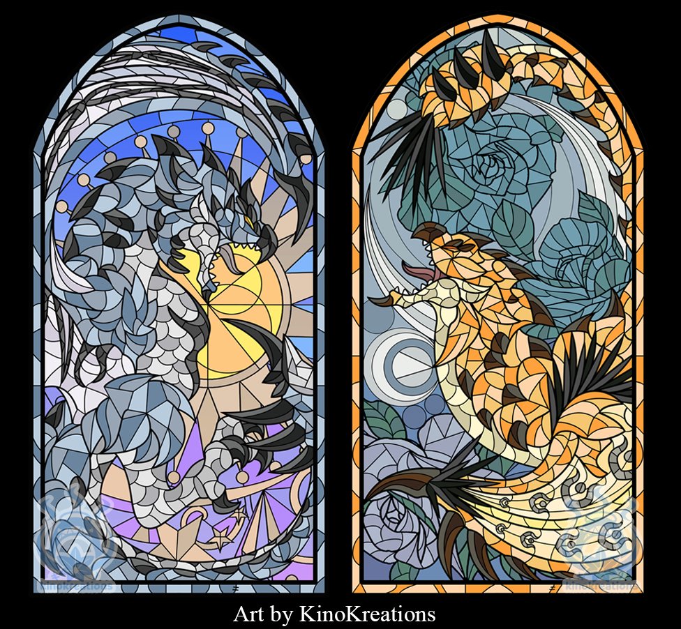 KinoKreations's tweet photo. A sun &amp; moon is never one without the other, the rare species Silver Rathalos and Gold Rathian from #MonsterHunter ! Their metallic scales are as timeless as ever. 

(Prints and stickers are also up for pre-order ~ https://t.co/yLe4N6bHpQ) https://t.co/23lYNaJDUP
