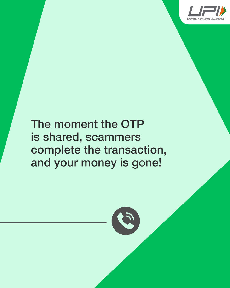UPI_NPCI's tweet photo. Scammers are using call merging to trick you into revealing OTPs. Don’t fall for it! Stay alert and protect your money. 🚨💳 Share this post to spread awareness!​

#UPI #CyberSecurity #FraudPrevention #StaySafe #OnlineFraudAwareness #SecurePayments https://t.co/kZ3TmbyVag