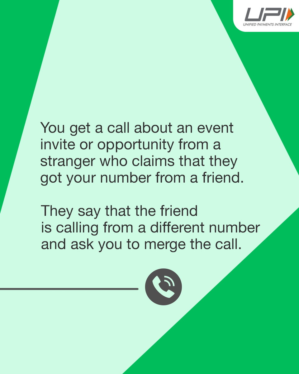 UPI_NPCI's tweet photo. Scammers are using call merging to trick you into revealing OTPs. Don’t fall for it! Stay alert and protect your money. 🚨💳 Share this post to spread awareness!​

#UPI #CyberSecurity #FraudPrevention #StaySafe #OnlineFraudAwareness #SecurePayments https://t.co/kZ3TmbyVag