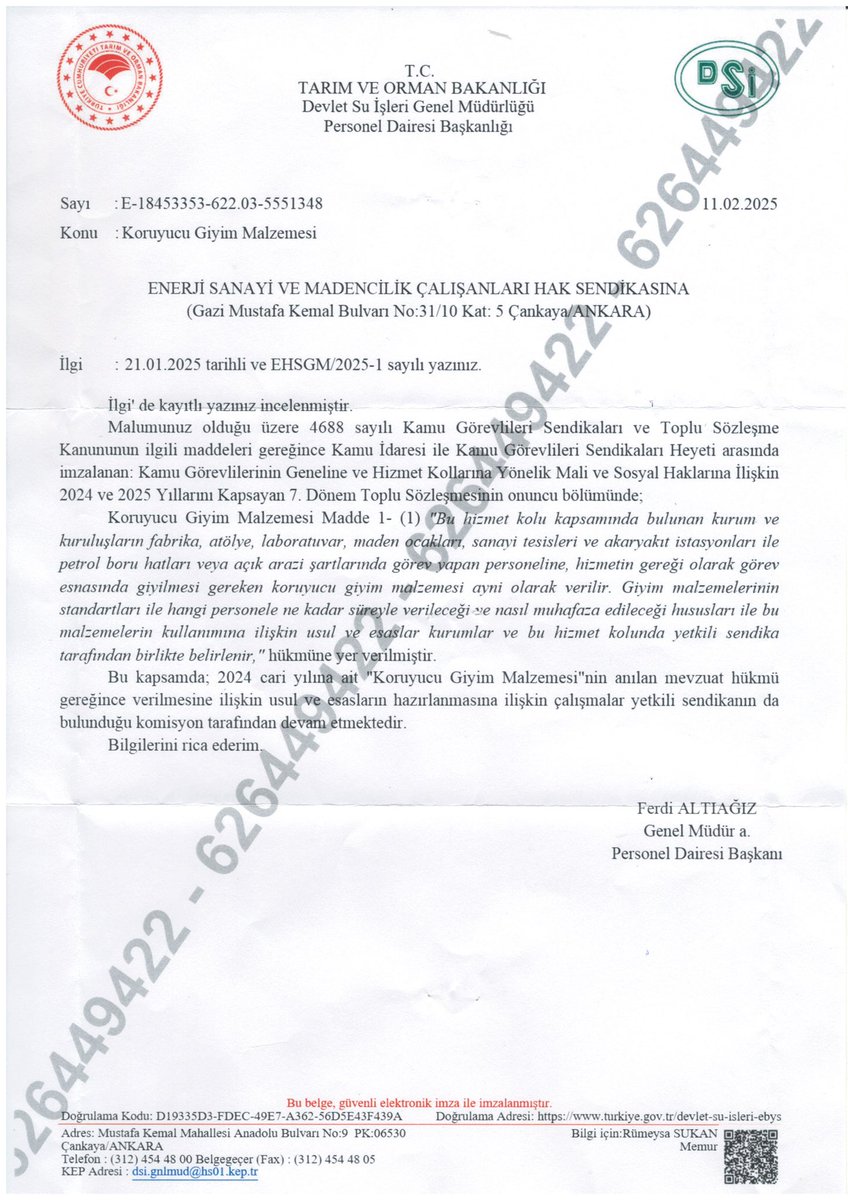 2023 yılında <a href="/MemurSenKonf/">Memur-Sen</a> bağlı <a href="/Enerji1sen/">ENERJİ BİR-SEN</a> ‘in imzaladığı,  2024-2025 yıllarını kapsayan toplu sözleşmede; belirtilen yerlerde görev yapan personele “koruyucu giyim yardımı” yapılmasına, yardıma ilişkin usul ve esasların ilgili kurumlar ve yetkili sendikanın birlikte