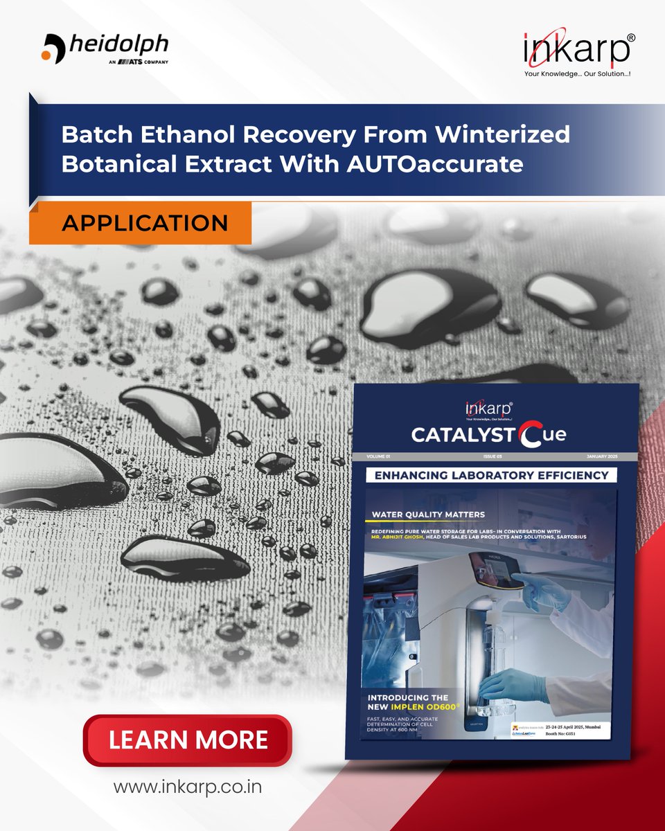 inkarpindia's tweet photo. Ethanol is ideal for extraction & winterization due to low toxicity & easy handling. Recycling it cuts costs & reduces environmental impact. See how Heidolphβs Hei-VAP Industrial efficiently recovers ethanol at https://t.co/fLOdUPncUA
#magazine #catalystcue #inkarp #heidolph https://t.co/sMfzvEfA6w