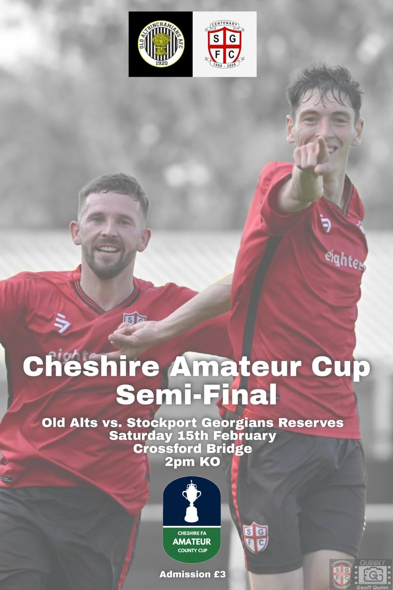 𝗧𝗛𝗜𝗦 𝗪𝗘𝗘𝗞𝗘𝗡𝗗

It’s Cheshire Cup week as we head to  <a href="/Old_Alts/">Old Alts AFC</a> in the semi final.

🆚<a href="/Old_Alts/">Old Alts AFC</a>
🏟️Crossford Bridge, Sale, M33 7BG
⏰14:00
🏆Cheshire Amateur Cup
🎟️£3 Admission