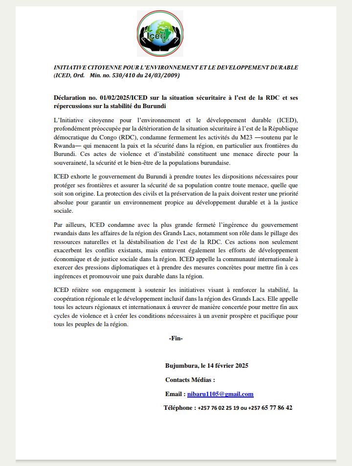 Iced Burundi (@icedburundi) on Twitter photo L’ICED condamne fermement le pillage des minerais et la déstabilisation de l’Est de la #RDC par le #Rwanda et exprime son soutien à SE <a href="/GeneralNeva/">SE Evariste Ndayishimiye</a> engagé dans la protection des frontières du #Burundi.
La stabilité régionale est essentielle pour le développement durable. L’ICED condamne fermement le pillage des minerais et la déstabilisation de l’Est de la #RDC par le #Rwanda et exprime son soutien à SE <a href="/GeneralNeva/">SE Evariste Ndayishimiye</a> engagé dans la protection des frontières du #Burundi.
La stabilité régionale est essentielle pour le développement durable.