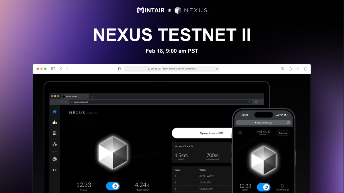 Nexus Incentivised Testnet II🚨

<a href="/NexusLabs/">Nexus</a> is unveiling its Layer 1 with Testnet II starting Feb 18, 5PM UTC

Why Participate?
▫️NEX Points: Earn by running a Prover
▫️Leaderboard: More points, higher the rank
▫️Easy Setup: CLI Prover in one click on Mintair

Nexus's last