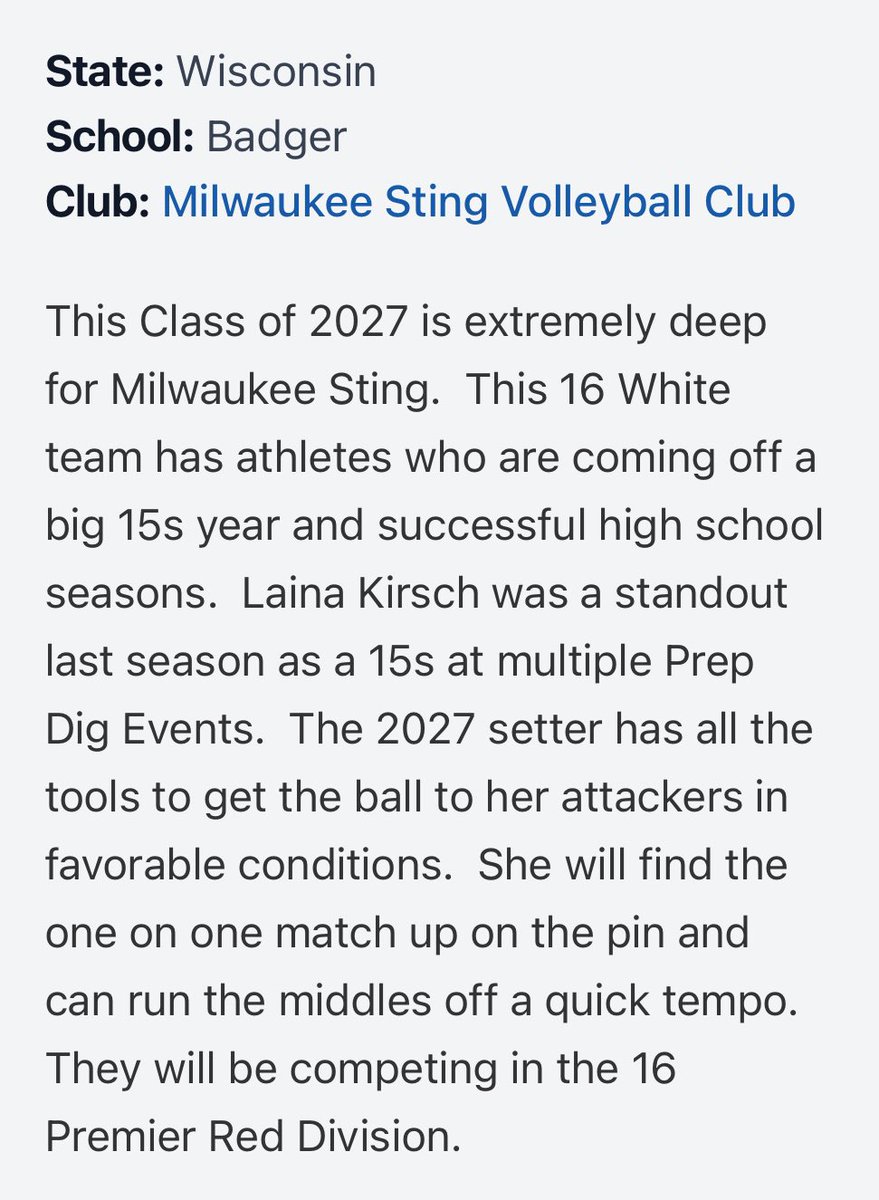 Laina (@lainakirsch2027) on Twitter photo Thank you <a href="/PrepDig/">Prep Dig π</a> <a href="/PrepDigChris/">Chris Fitzgerald</a> ! Last season with <a href="/stingvb1988/">Milwaukee Sting π</a> was a lot of fun and I can already tell that this season is going to be incredible!
See you on the court!
<a href="/RecruitMKESting/">Milwaukee Sting Volleyball Recruiting</a> #prepdig #clubvolleyball #setter #classof2027 #volleyball #stl Thank you <a href="/PrepDig/">Prep Dig π</a> <a href="/PrepDigChris/">Chris Fitzgerald</a> ! Last season with <a href="/stingvb1988/">Milwaukee Sting π</a> was a lot of fun and I can already tell that this season is going to be incredible!
See you on the court!
<a href="/RecruitMKESting/">Milwaukee Sting Volleyball Recruiting</a> #prepdig #clubvolleyball #setter #classof2027 #volleyball #stl
