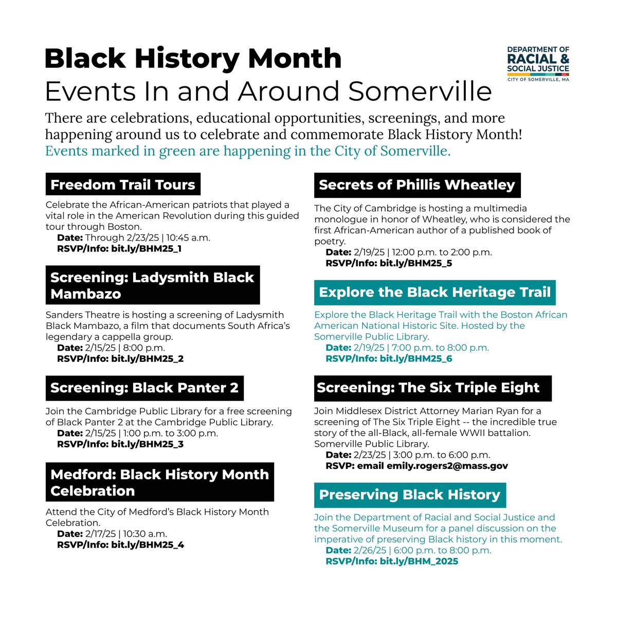 If you're looking for local events, screenings, or celebrations commemorating Black History Month, we're rounding up events in and around Somerville here! Those marked in green are taking place in the City of Somerville.