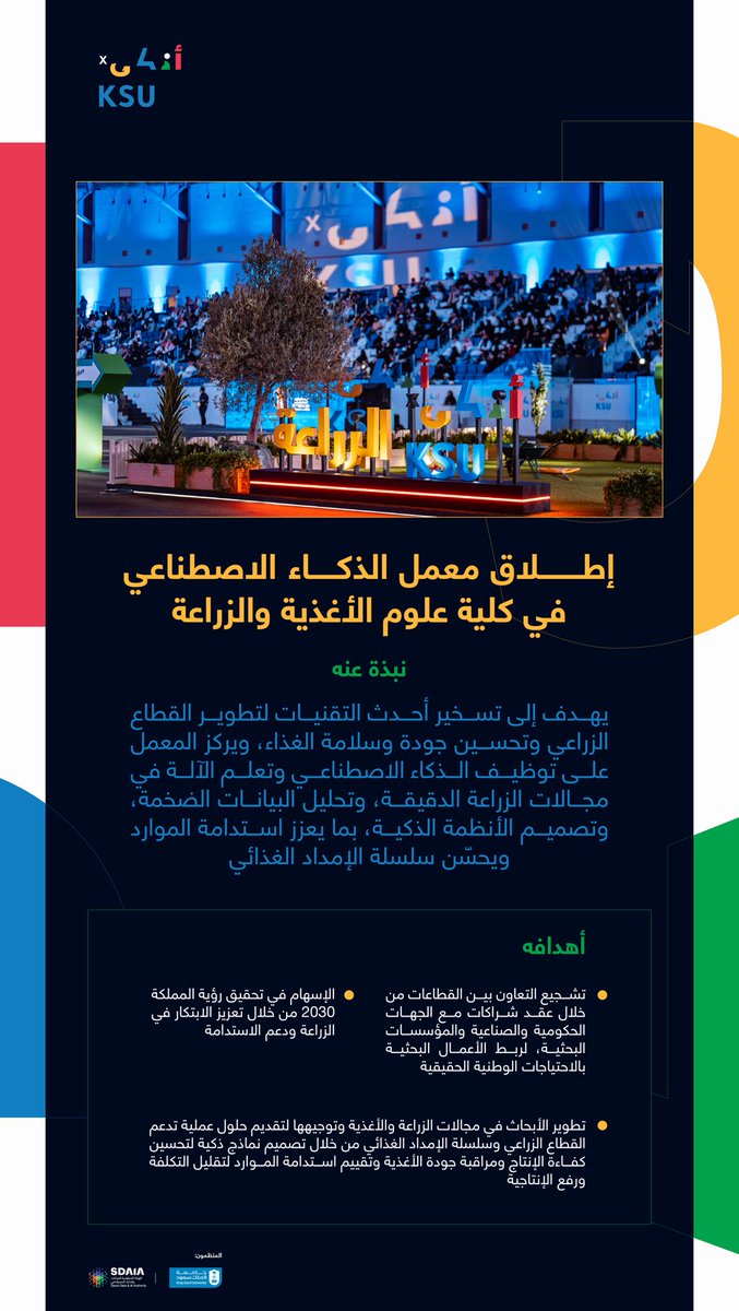 إطلاق معمل الذكاء الاصطناعي في كلية علوم الأغذية والزراعة خلال فعالية #أذكىKSU، التي تنظمها #جامعة_الملك_سعود بالتعاون مع #سدايا.