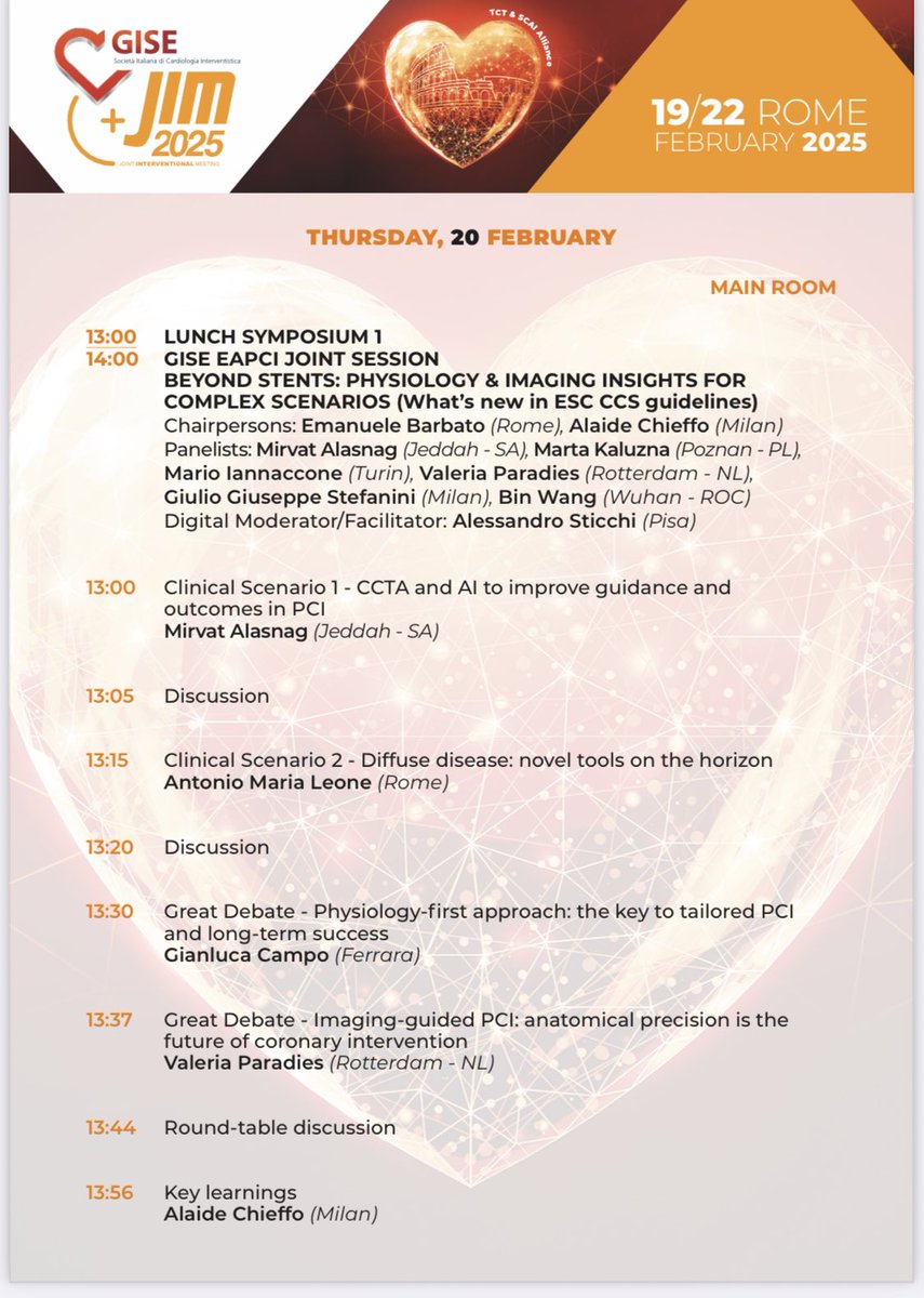 EAPCIPresident (@eapcipresident) on Twitter photo <a href="/sicigise/">Sici GISE</a> #EAPCI Joint Session at #JIM2025 🇮🇹
Thursday February 20
LUNCH SYMPOSIUM
⭐️Beyond Stents: Physiology &. Imaging for Complex Scenarios
⭐️New Recommendations from <a href="/escardio/">European Society of Cardiology</a> CCS 2024 Guidelines
<a href="/saia_francesco/">Francesco Saia</a> <a href="/alaide_chief/">chief</a> <a href="/EmanueleBarba13/">Emanuele Barbato</a> <a href="/mirvatalasnag/">MIЯVΛƬ #IC</a> <a href="/sicigise/">Sici GISE</a> #EAPCI Joint Session at #JIM2025 🇮🇹
Thursday February 20
LUNCH SYMPOSIUM
⭐️Beyond Stents: Physiology &. Imaging for Complex Scenarios
⭐️New Recommendations from <a href="/escardio/">European Society of Cardiology</a> CCS 2024 Guidelines
<a href="/saia_francesco/">Francesco Saia</a> <a href="/alaide_chief/">chief</a> <a href="/EmanueleBarba13/">Emanuele Barbato</a> <a href="/mirvatalasnag/">MIЯVΛƬ #IC</a>