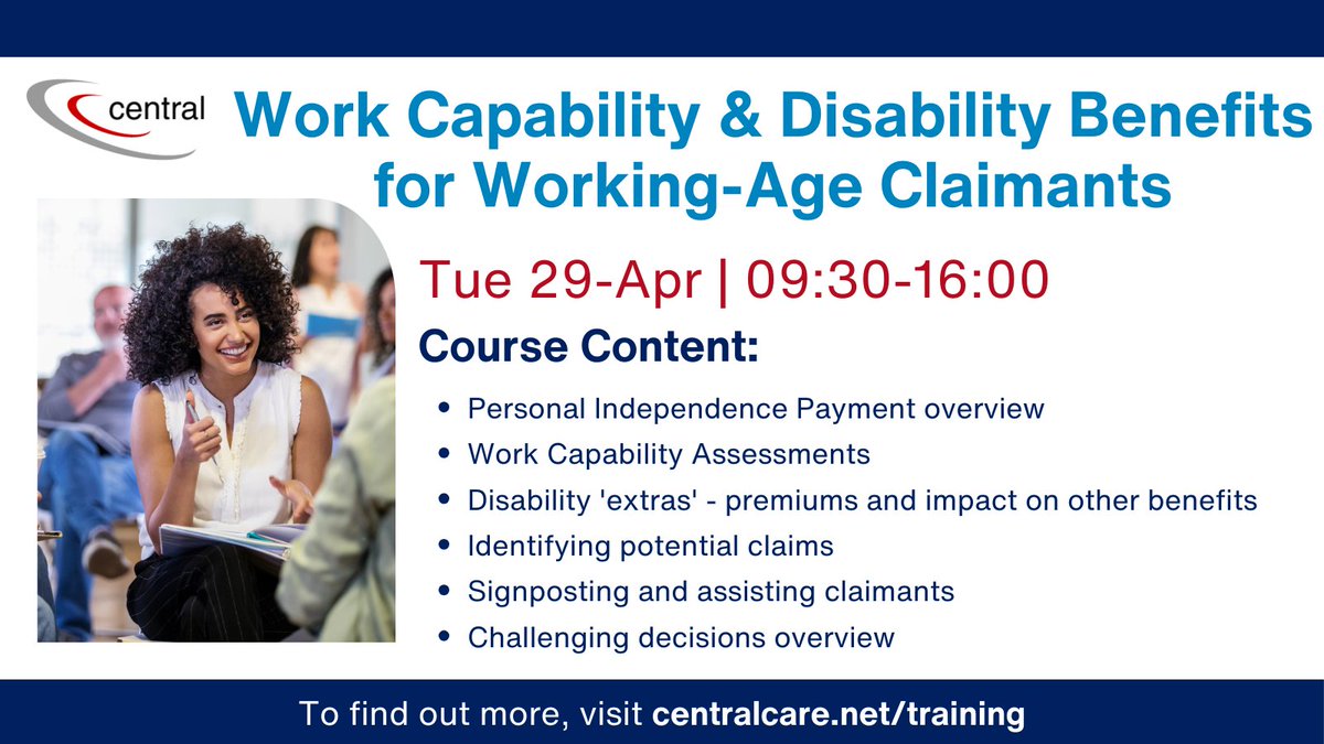 CentralCare's tweet image. @CentralCare’s Work Capability & Disability Benefits course aims to give an overview of work capability assessment and Personal Independence Payment (PIP). Book your space today!
#virtuallearning #training #opencourse
centralcare.net/training/open-…