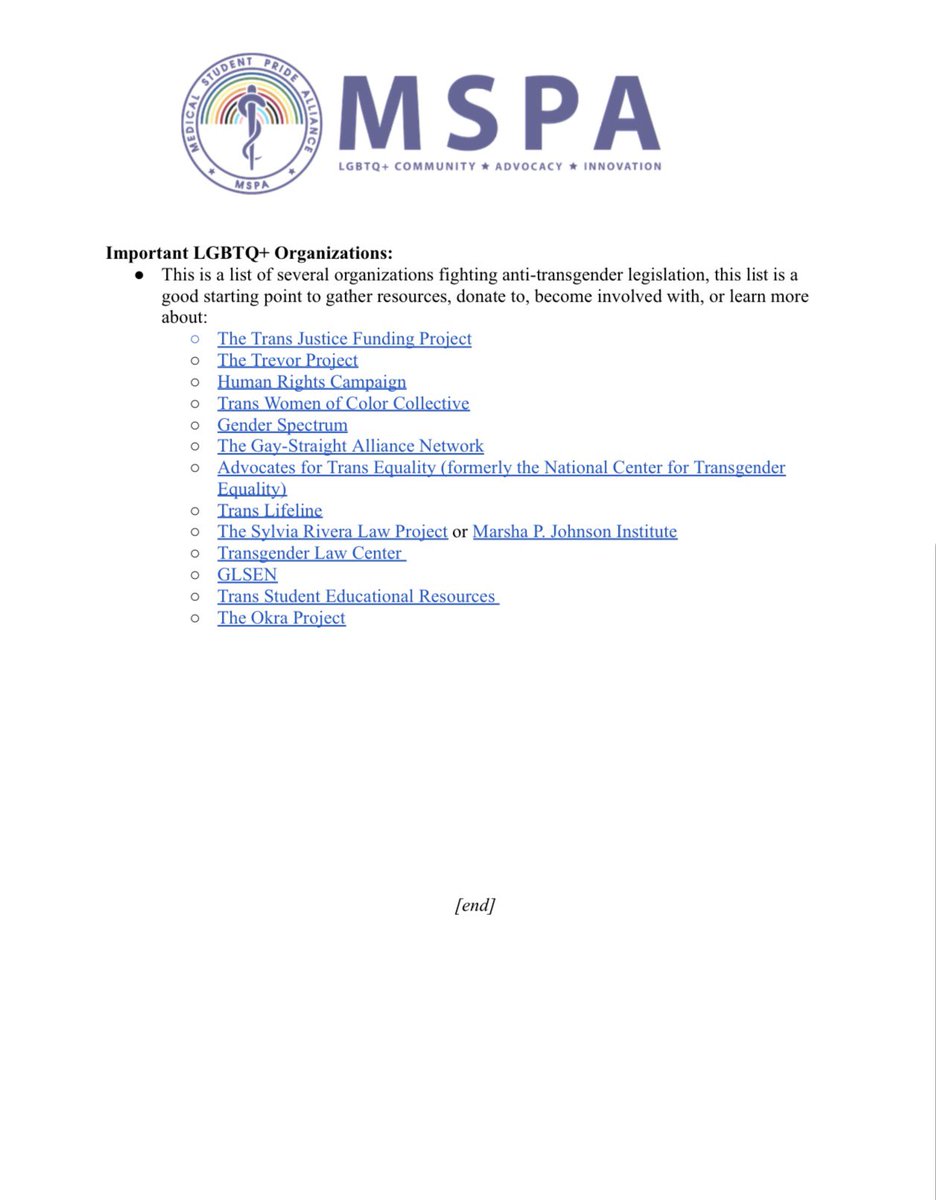 Dear Med LGBTQ+ Community,

In the recent weeks, we have seen executive actions that targeting our community, particularly our transgender, intersex, and nonbinary peers. Here is our response and resources for navigating this difficult time: 

You are not alone.

With love, 
MSPA