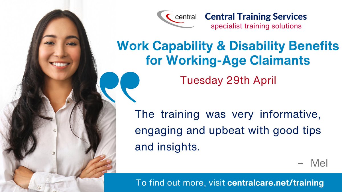 CentralCare's tweet image. @CentralCare’s Work Capability & Disability Benefits for Working-Age Claimants training (29/04) has had great feedback from candidates who have attended the training in the past. Book your space now! #OpenCourse #VirtualTraining #SocialCare
centralcare.net/training/open-…