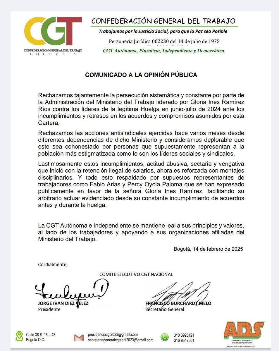 Atención 🇨🇴 

La CGT autónoma, Pluralista, independiente y Democrática emitió un comunicado muy fuerte en contra de la saliente Ministra de Trabajo Gloria Inés Ramírez quién le incumplió a los trabajadores 

Quienes decían defender sus derechos son los que más los vulneran 🔁