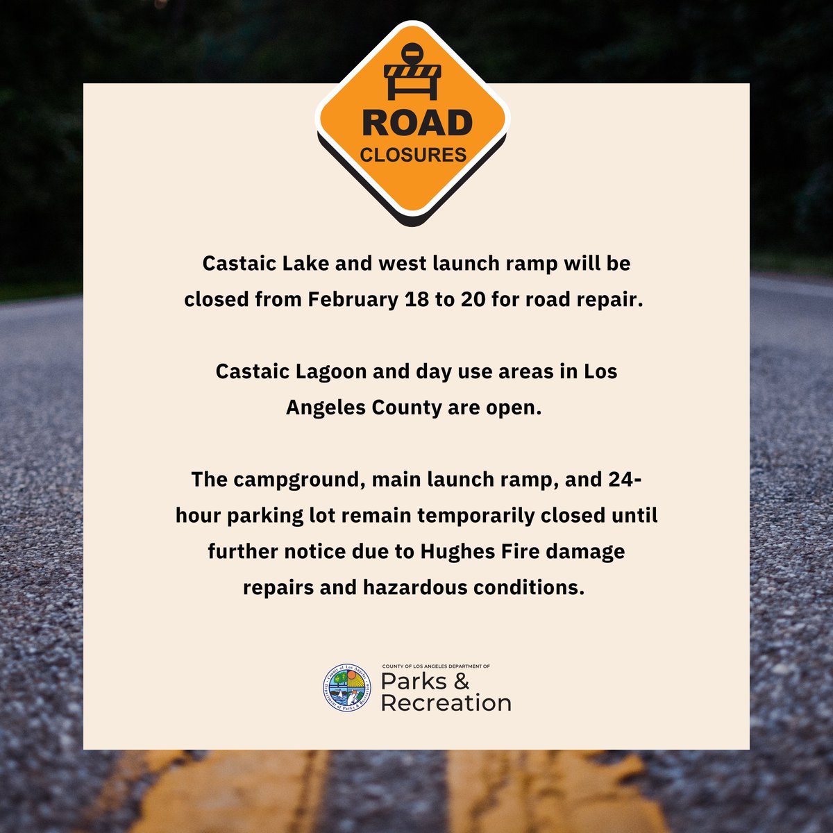 🚧 Castaic Lake Closure Alert! 🚧

The lake &amp; west launch ramp will be closed Feb 18-20 for road repairs.

✅ Lagoon &amp; day-use areas OPEN.

🚫 Campground, main launch ramp &amp; 24-hr lot remain closed due to fire damage. 

Plan ahead &amp; stay safe!

#CastaicLake #LACountyParks