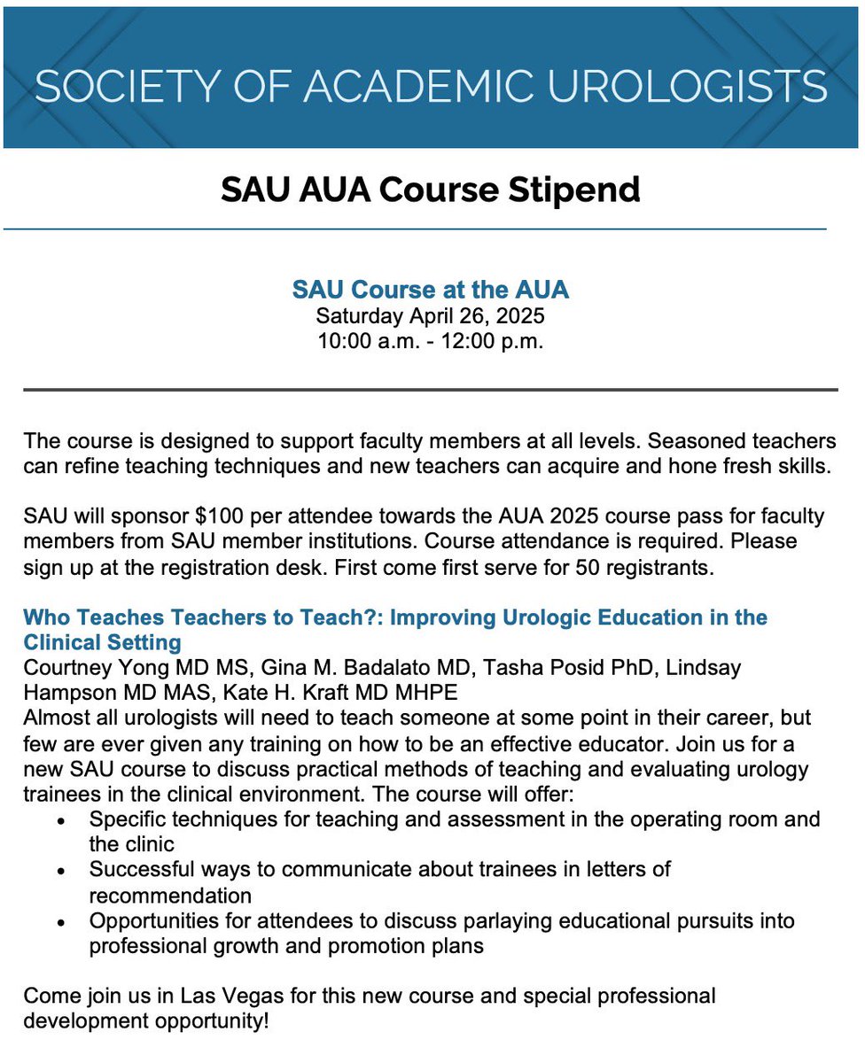 Tasha Posid, PhD (@tashaposidphd) on Twitter photo The #SAU is offering a $100 stipend for #AUA2025 attendees who attend our course! First come, first serve (first 50 registrants).
Register at the link emailed by <a href="/UroAcademic/">Society of Academic Urologists</a> yesterday!
#EducatingTheEducator #MedEd #FacultyDevelopment <a href="/CoYoUroMD/">Courtney Yong MD</a> The #SAU is offering a $100 stipend for #AUA2025 attendees who attend our course! First come, first serve (first 50 registrants).
Register at the link emailed by <a href="/UroAcademic/">Society of Academic Urologists</a> yesterday!
#EducatingTheEducator #MedEd #FacultyDevelopment <a href="/CoYoUroMD/">Courtney Yong MD</a>